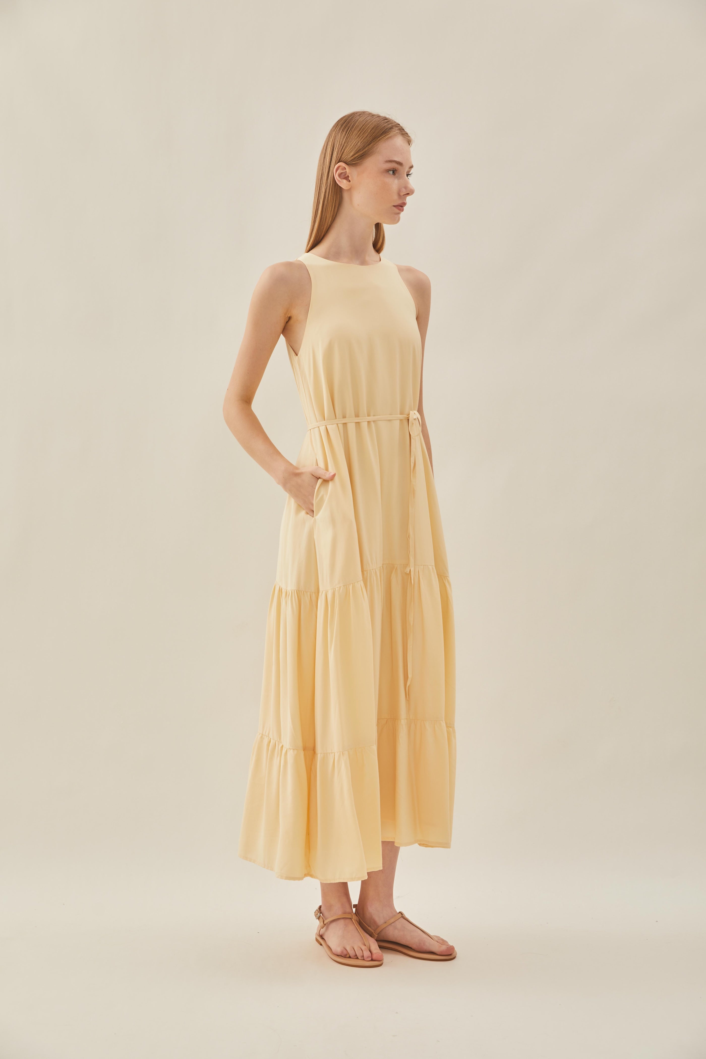 Cotton Blend Tiered Maxi Dress in Soft Yellow