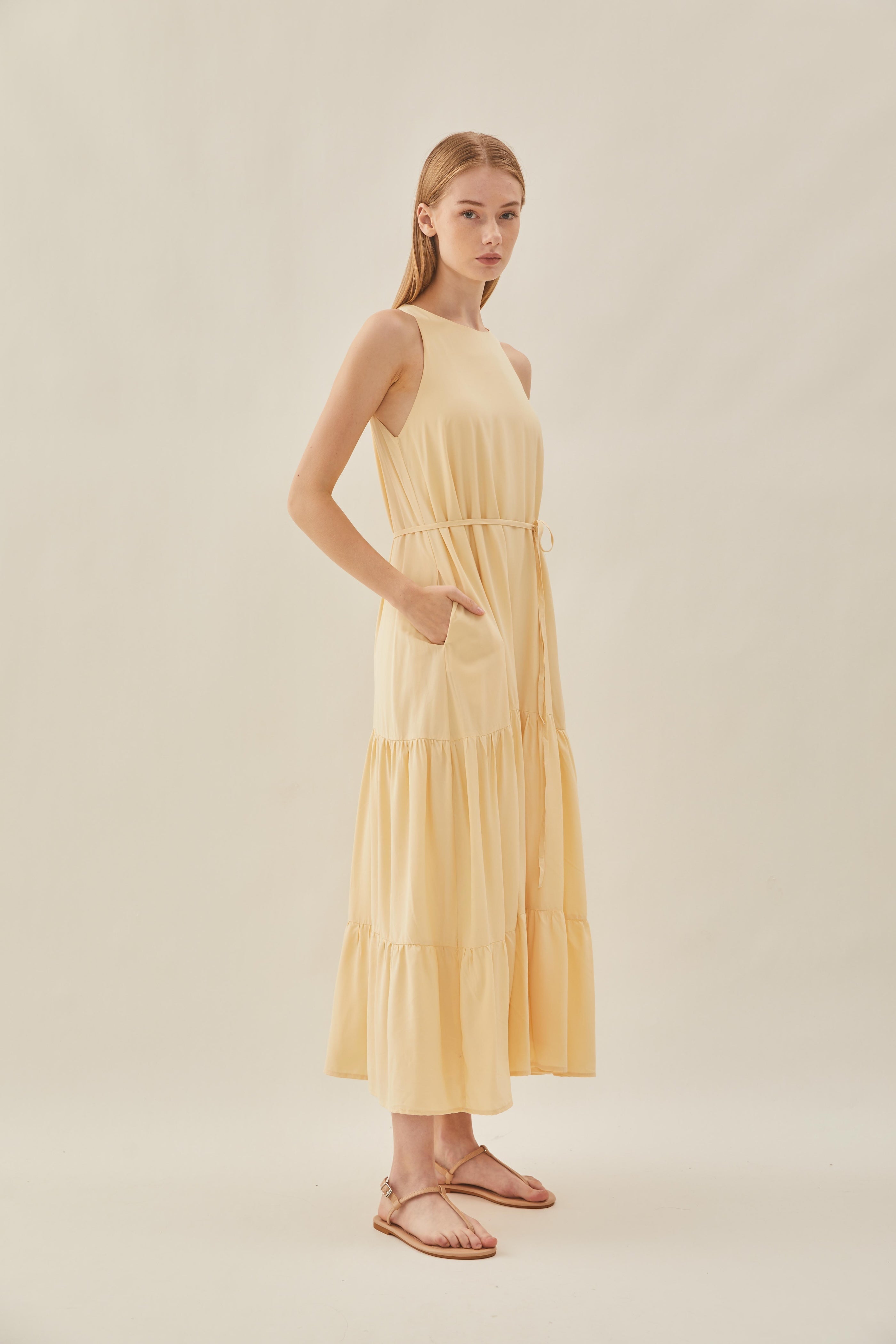 Cotton Blend Tiered Maxi Dress in Soft Yellow