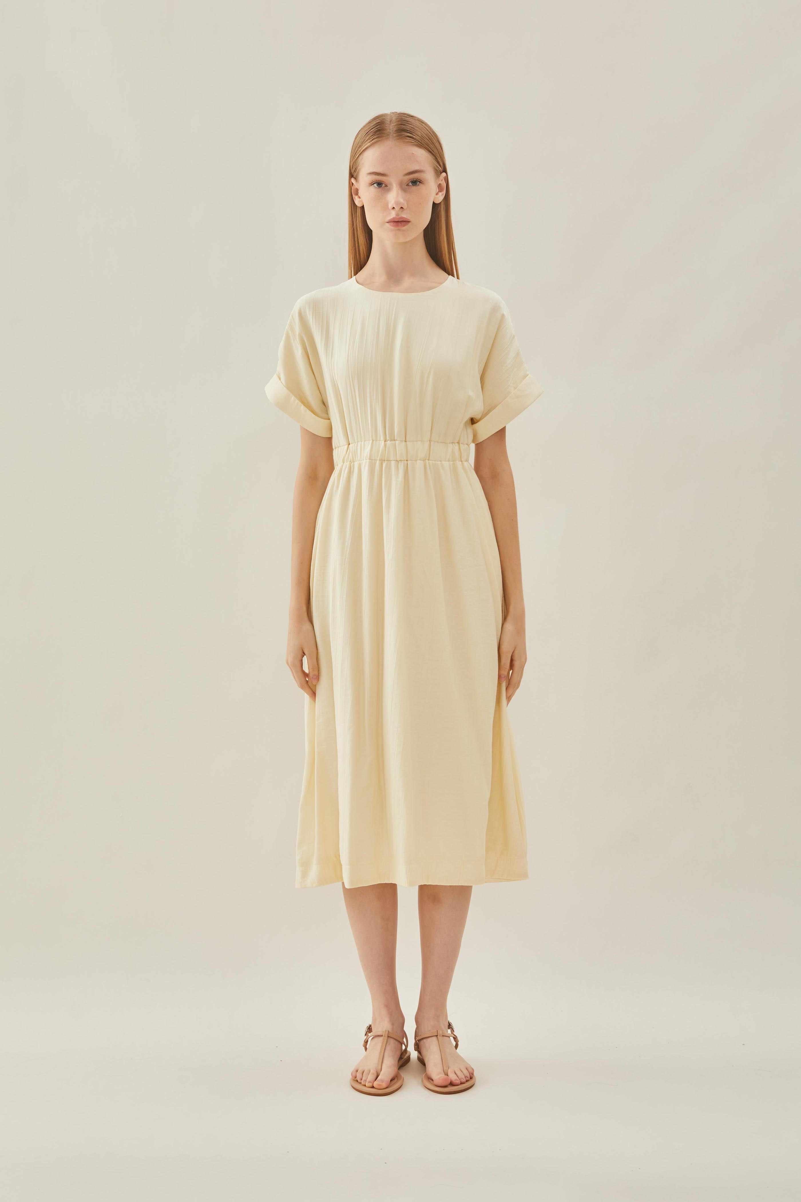 Textured Gathered Waist Dress in Ecru