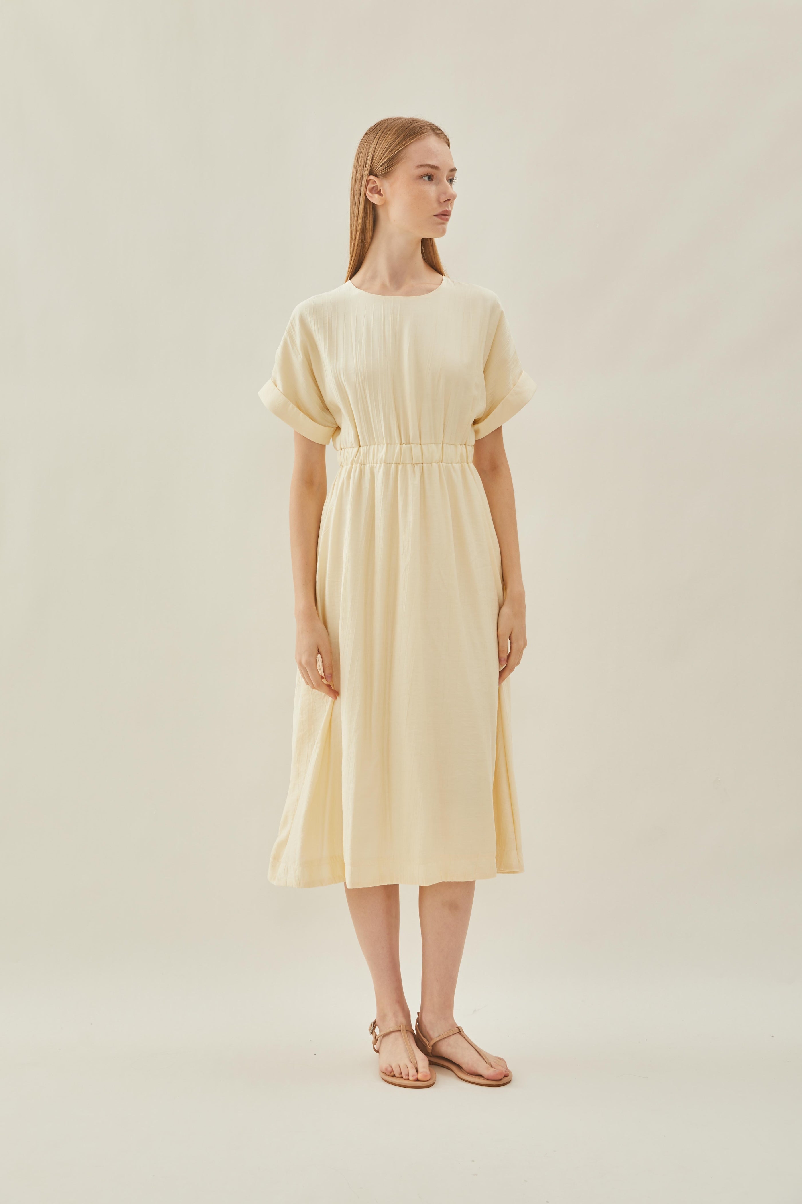 Textured Gathered Waist Dress in Ecru