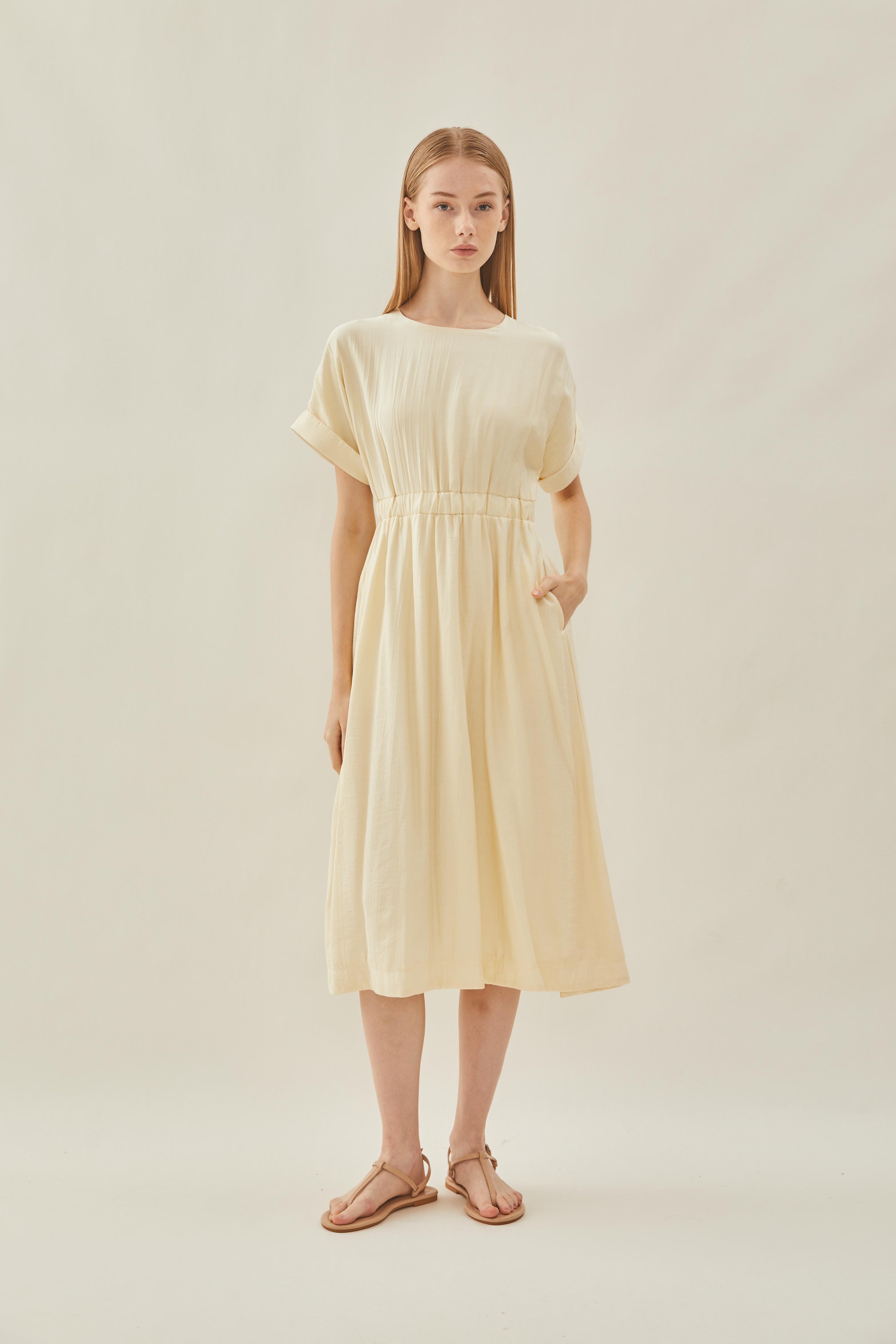 Textured Gathered Waist Dress in Ecru
