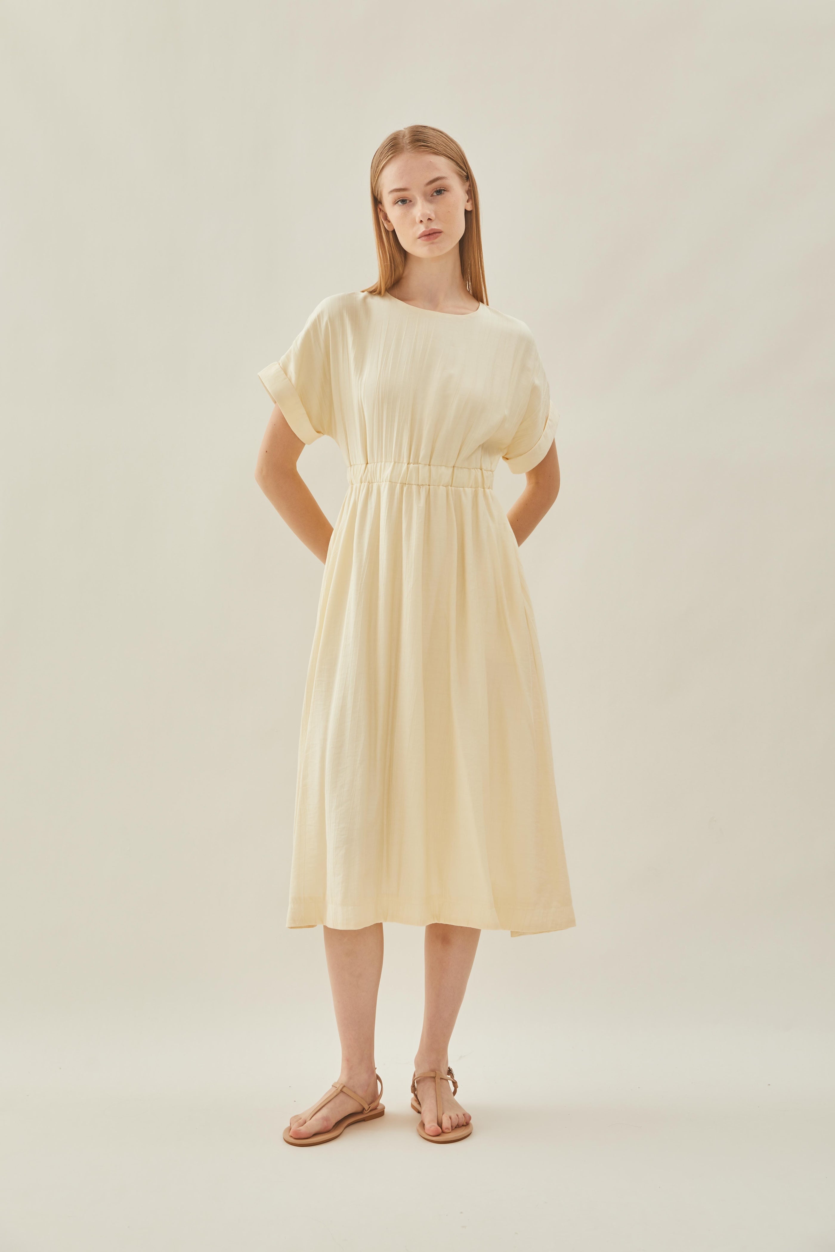 Textured Gathered Waist Dress in Ecru