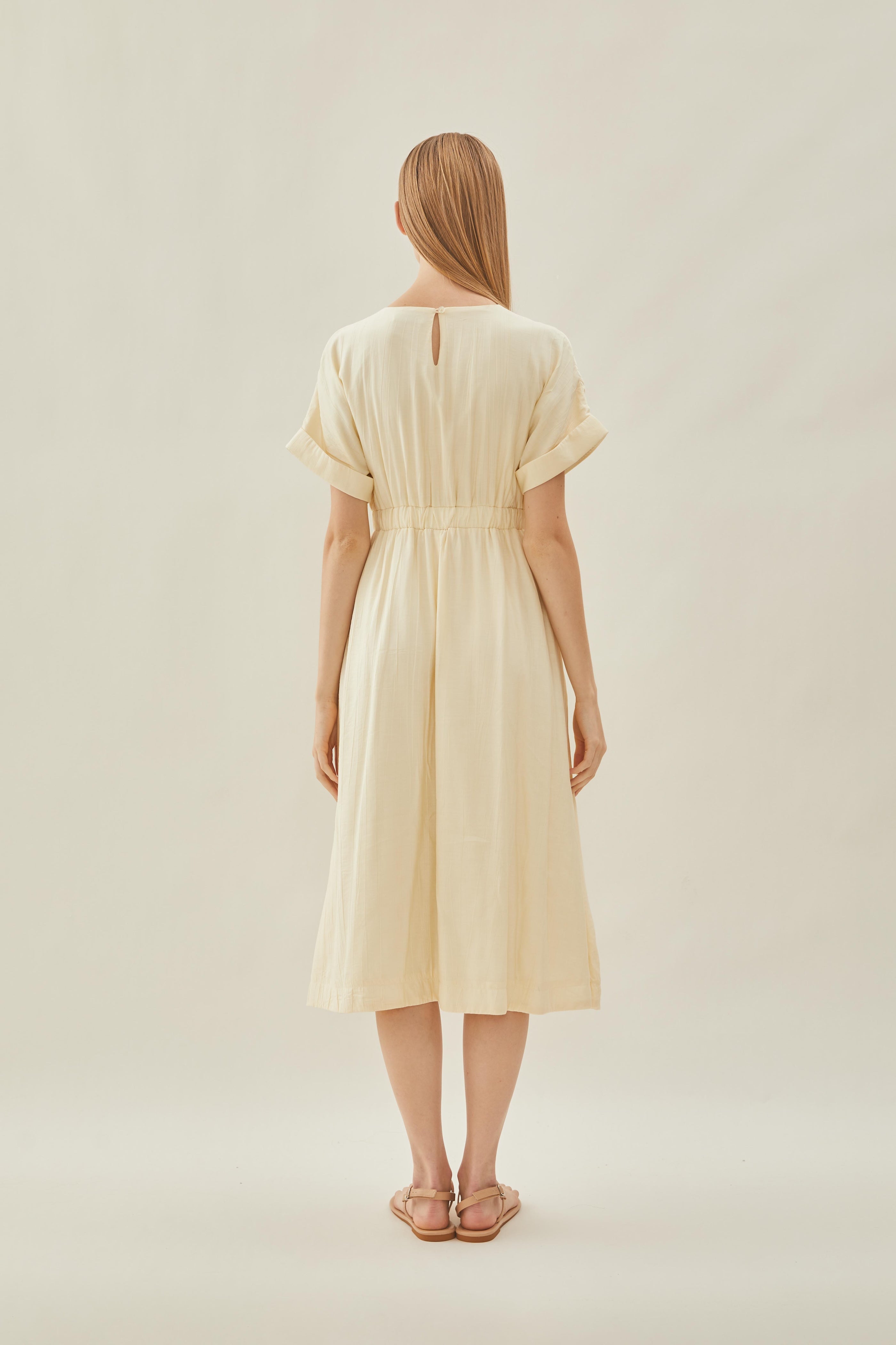 Textured Gathered Waist Dress in Ecru