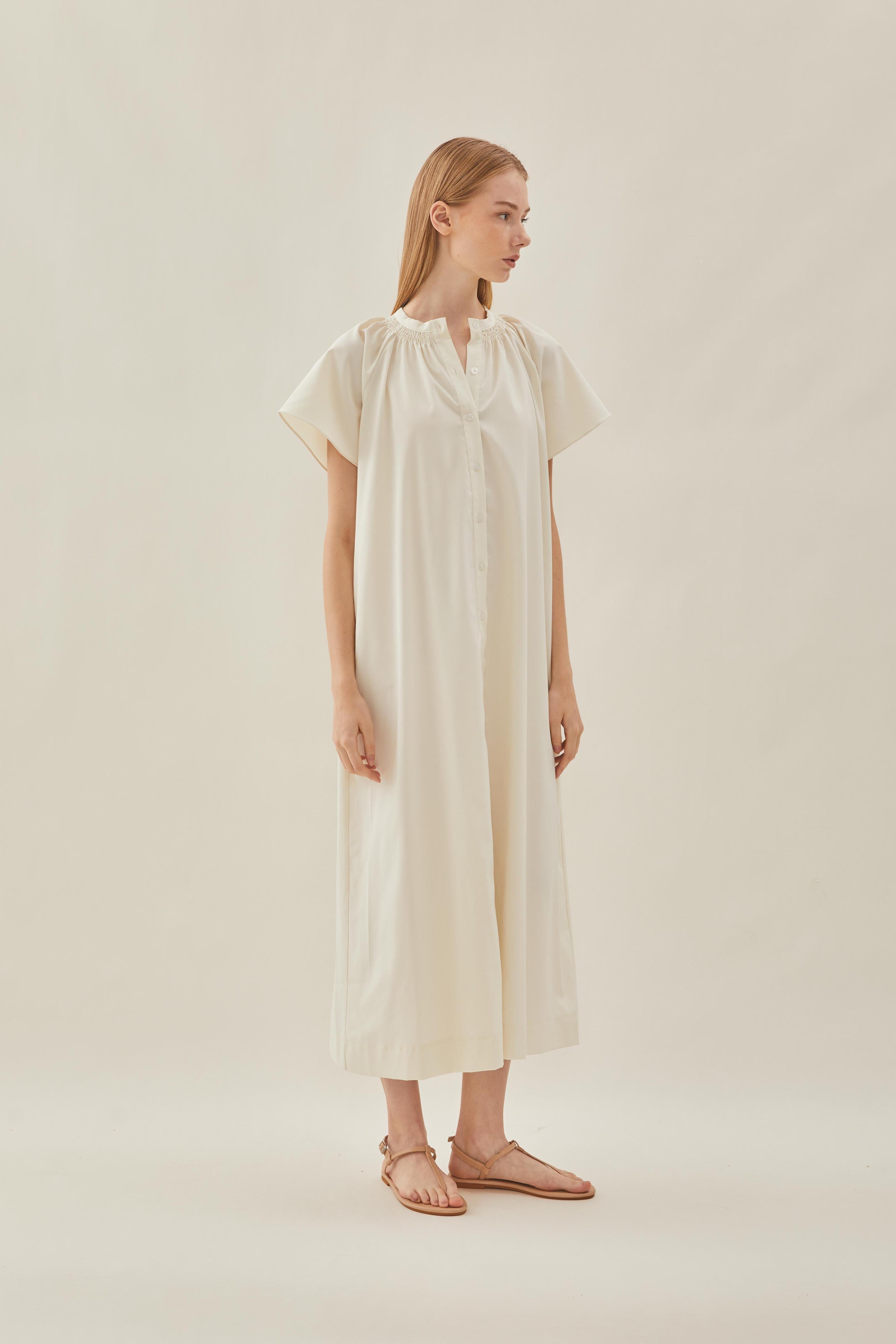 Shirred Neck Midi Dress in Ecru