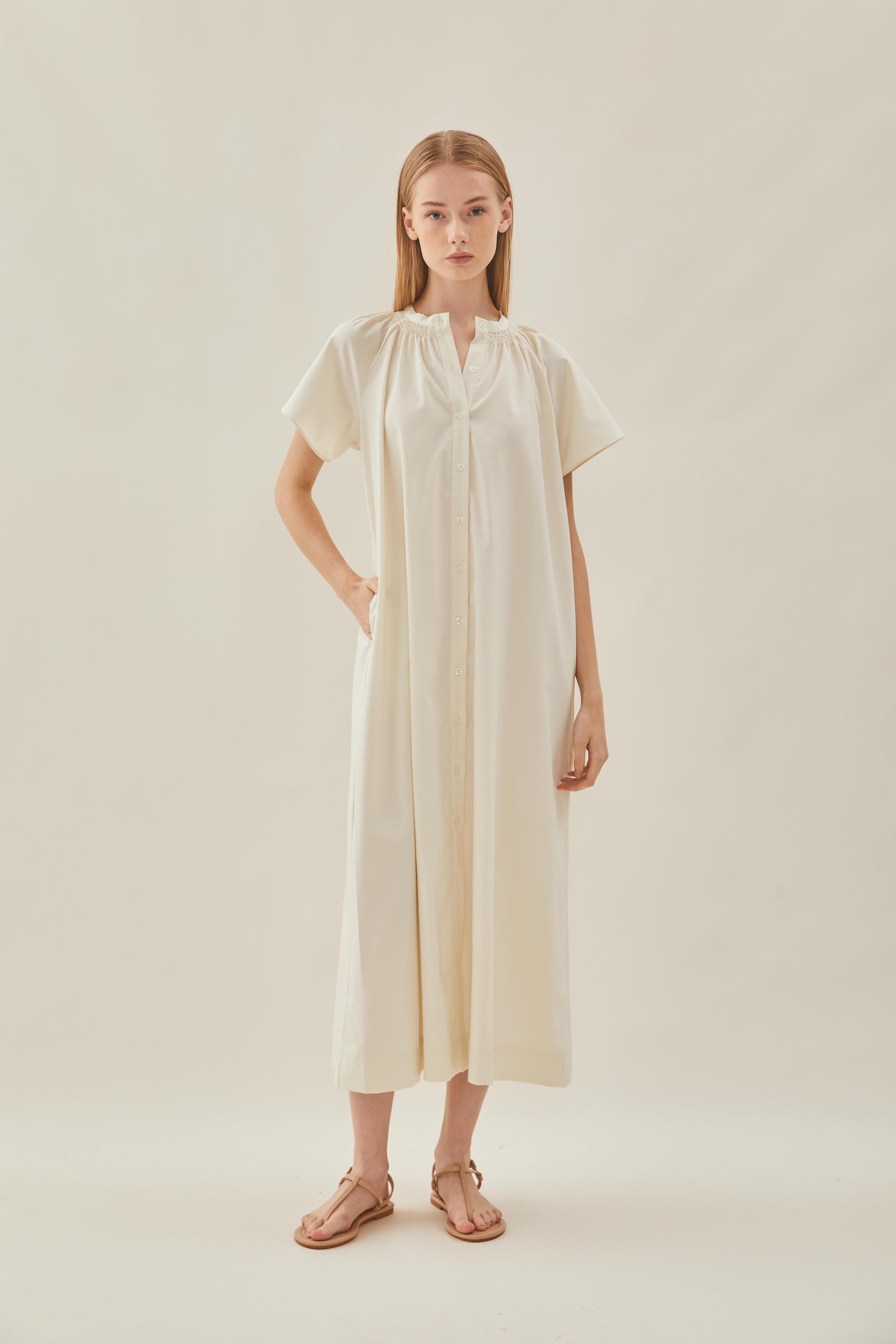 Shirred Neck Midi Dress in Ecru