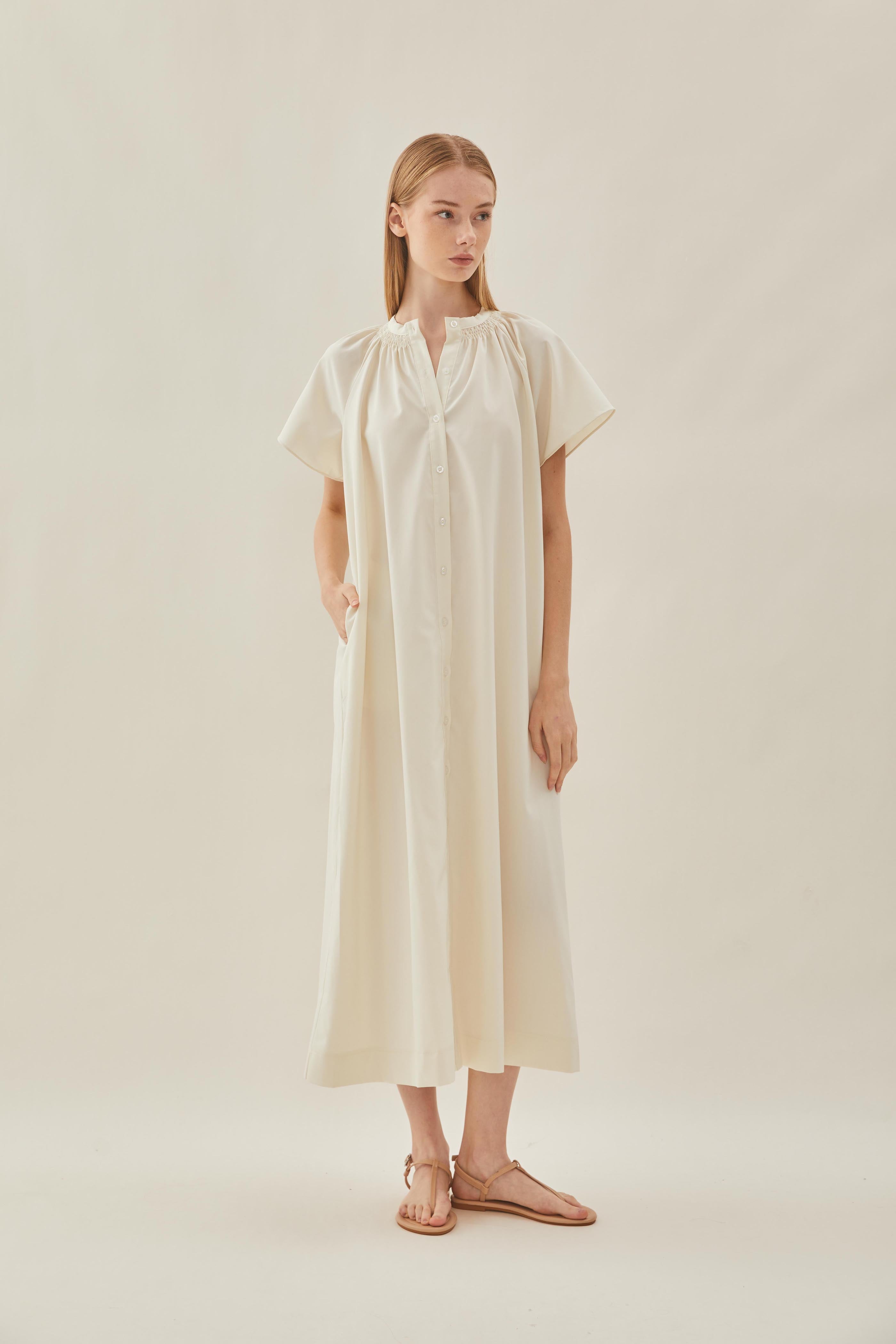 Shirred Neck Midi Dress in Ecru