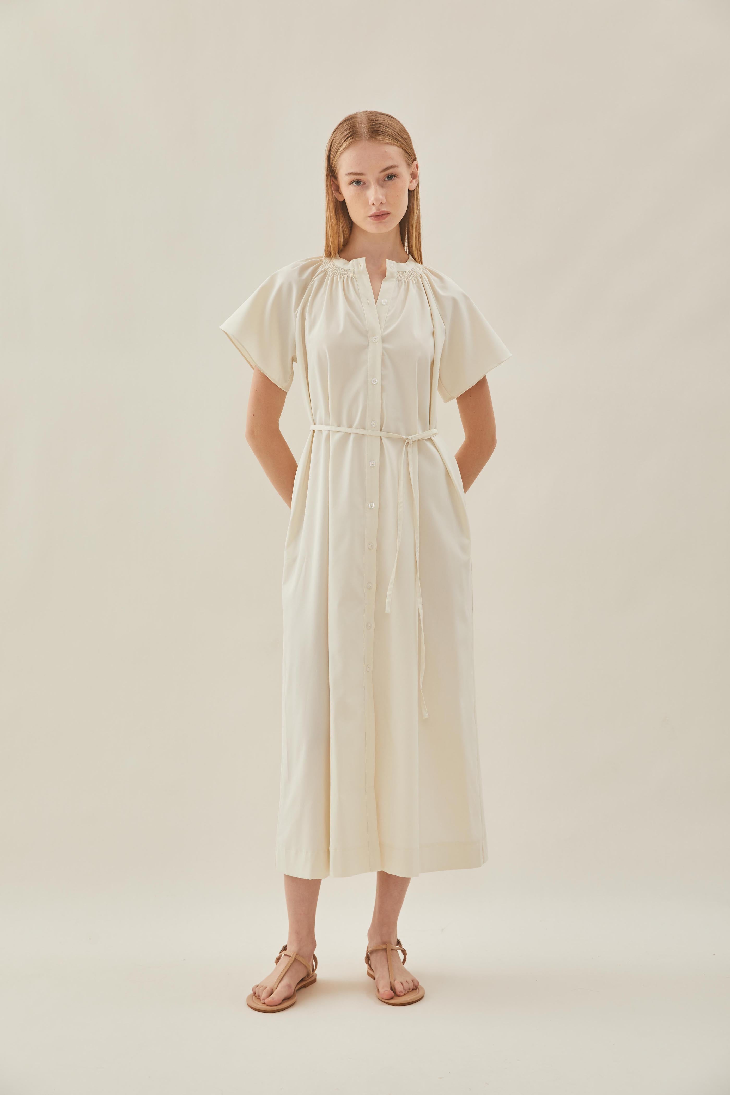 Shirred Neck Midi Dress in Ecru