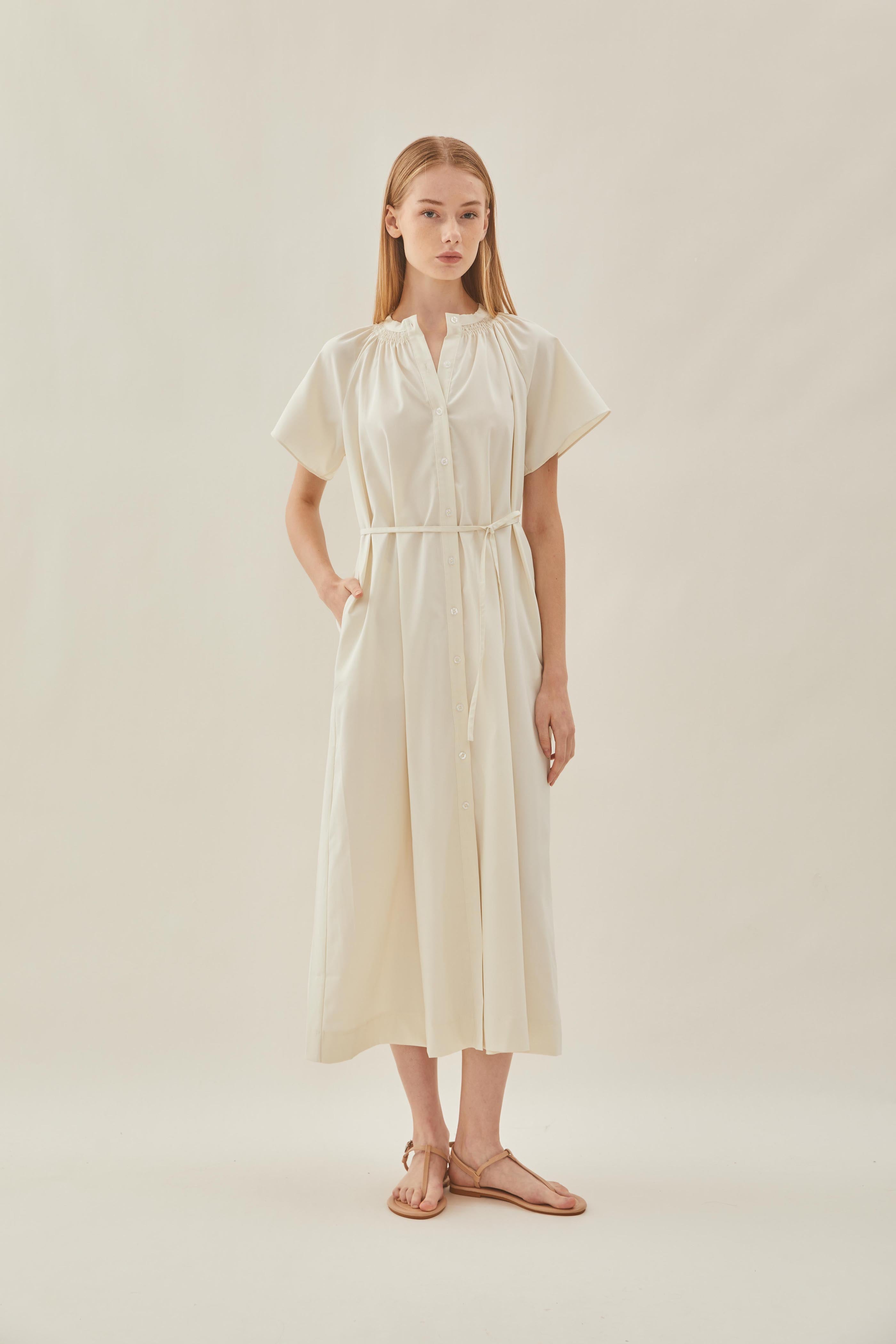 Shirred Neck Midi Dress in Ecru