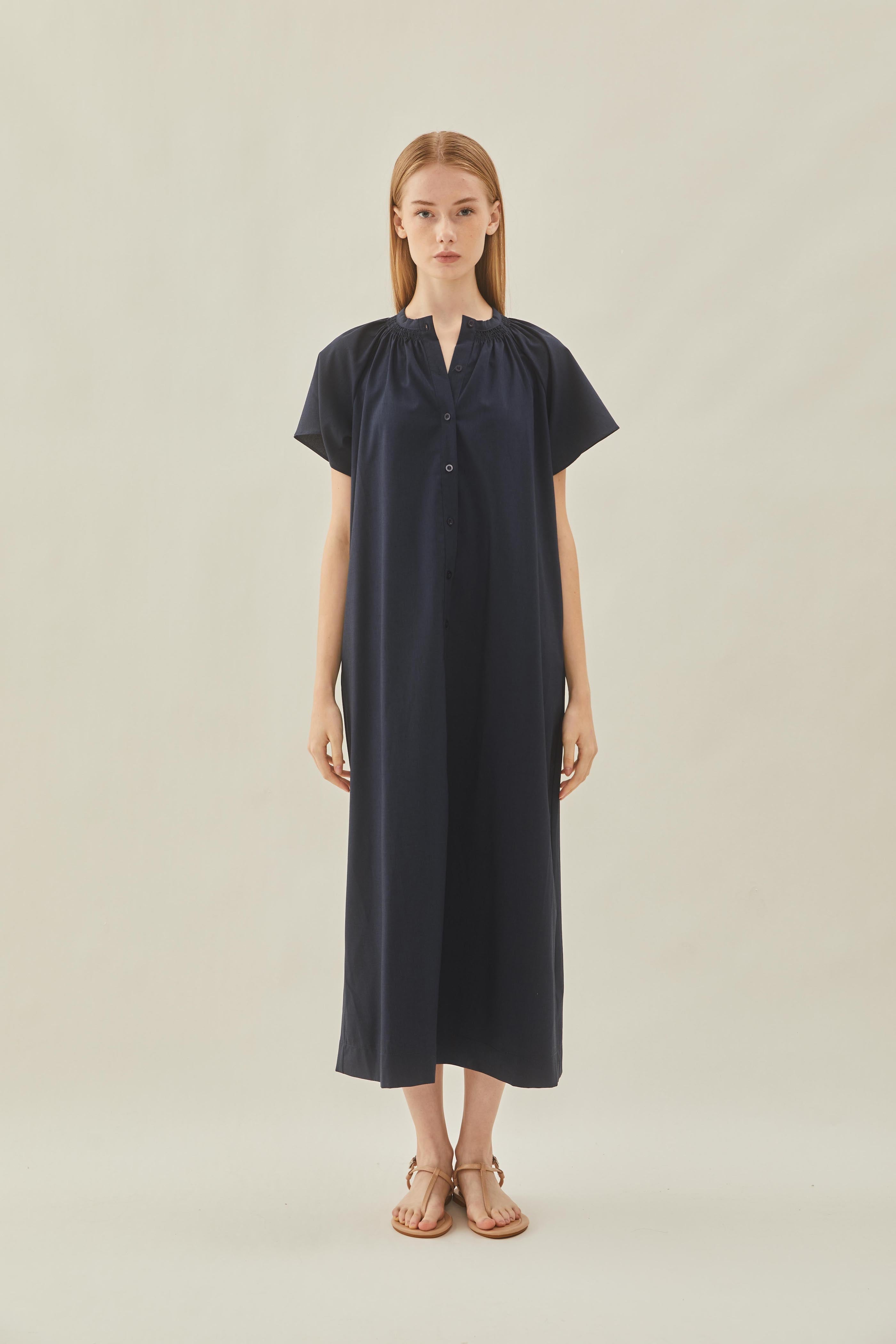 Shirred Neck Midi Dress in Midnight