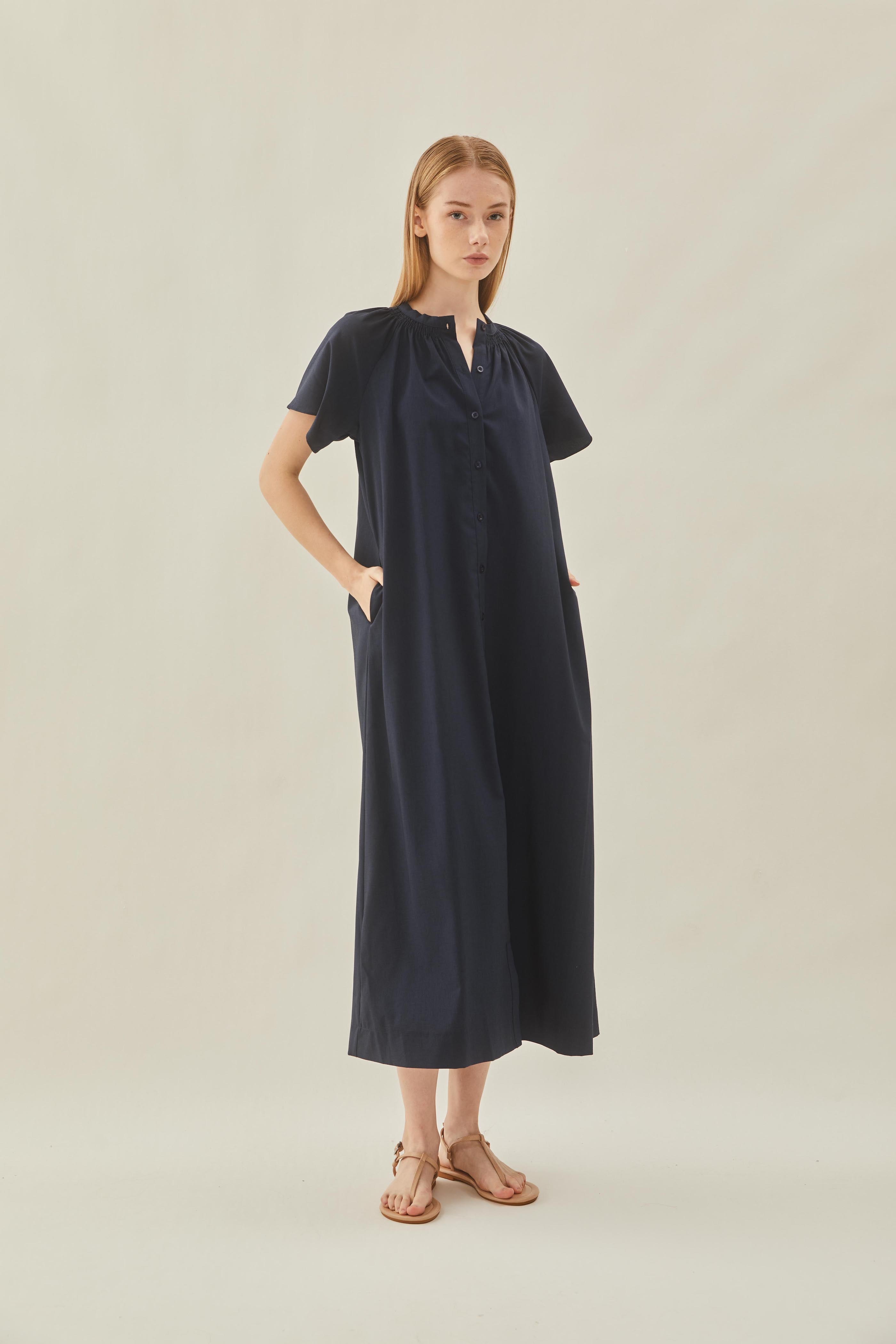 Shirred Neck Midi Dress in Midnight