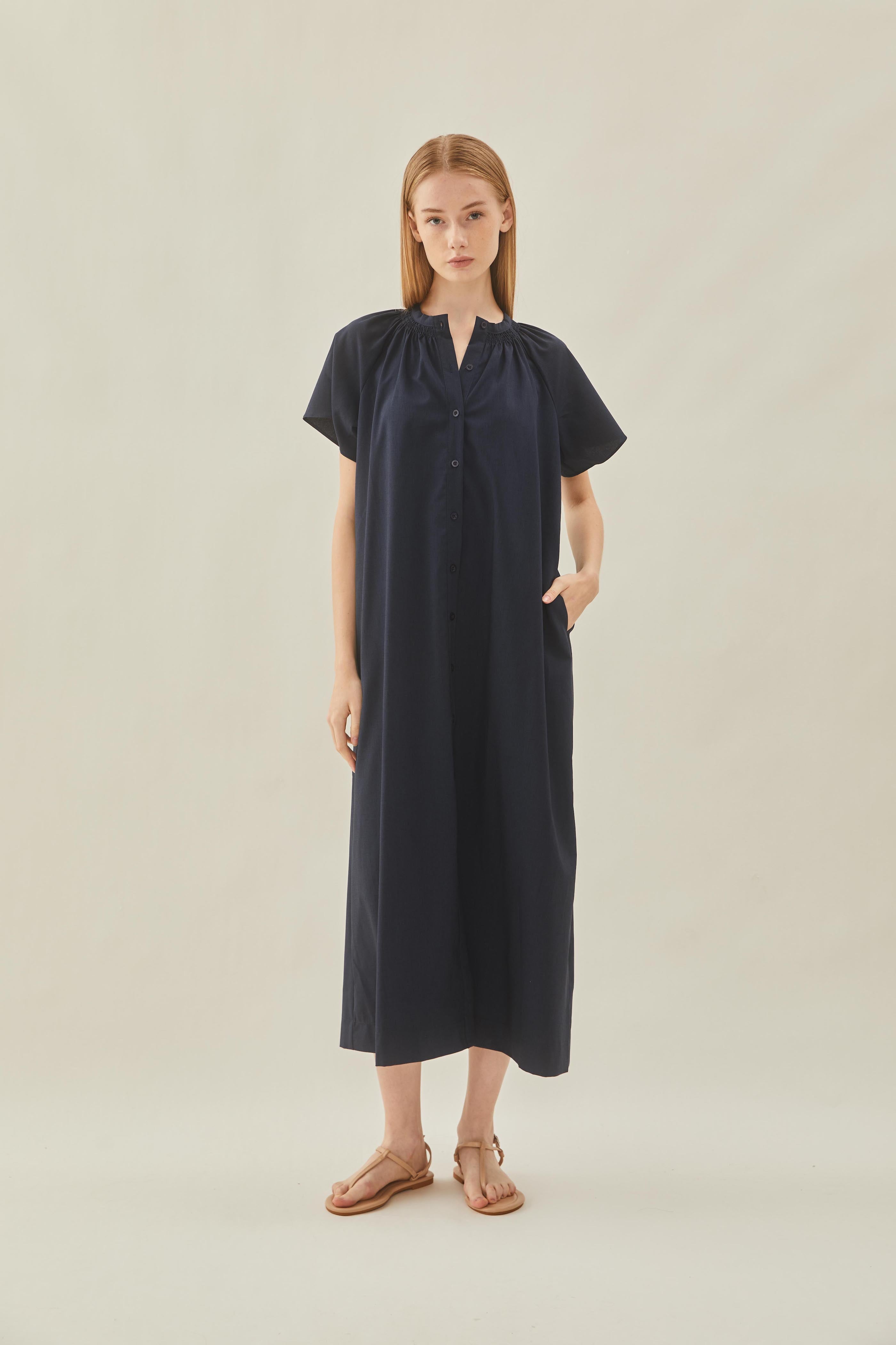 Shirred Neck Midi Dress in Midnight