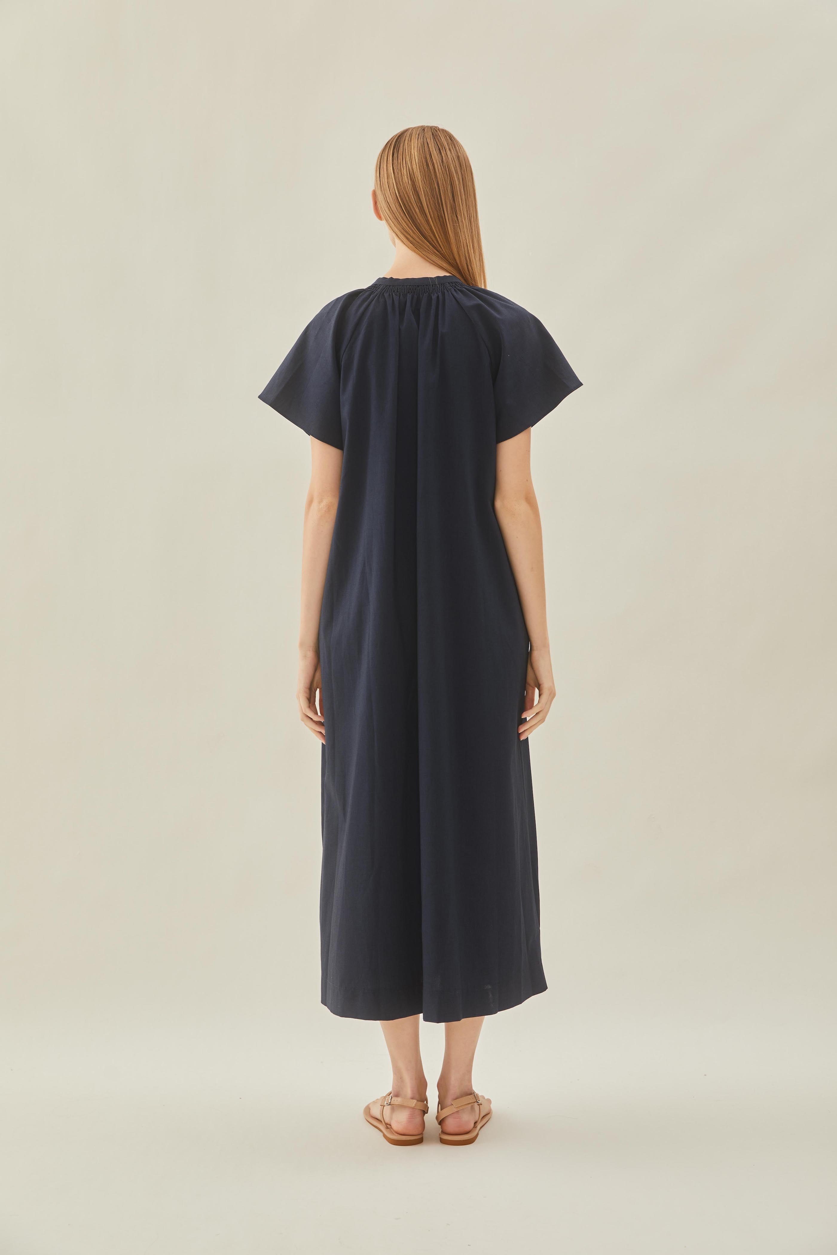 Shirred Neck Midi Dress in Midnight