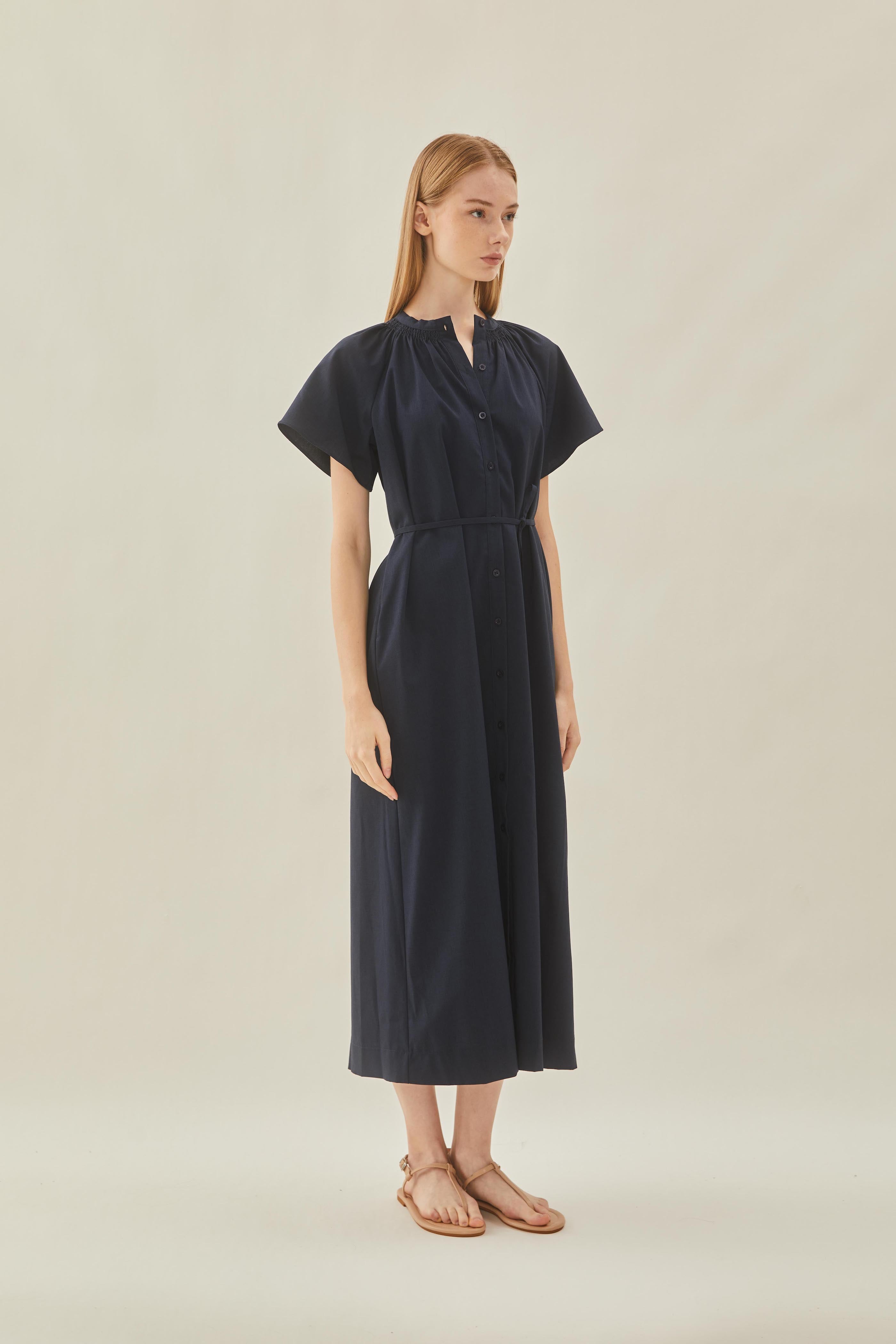 Shirred Neck Midi Dress in Midnight