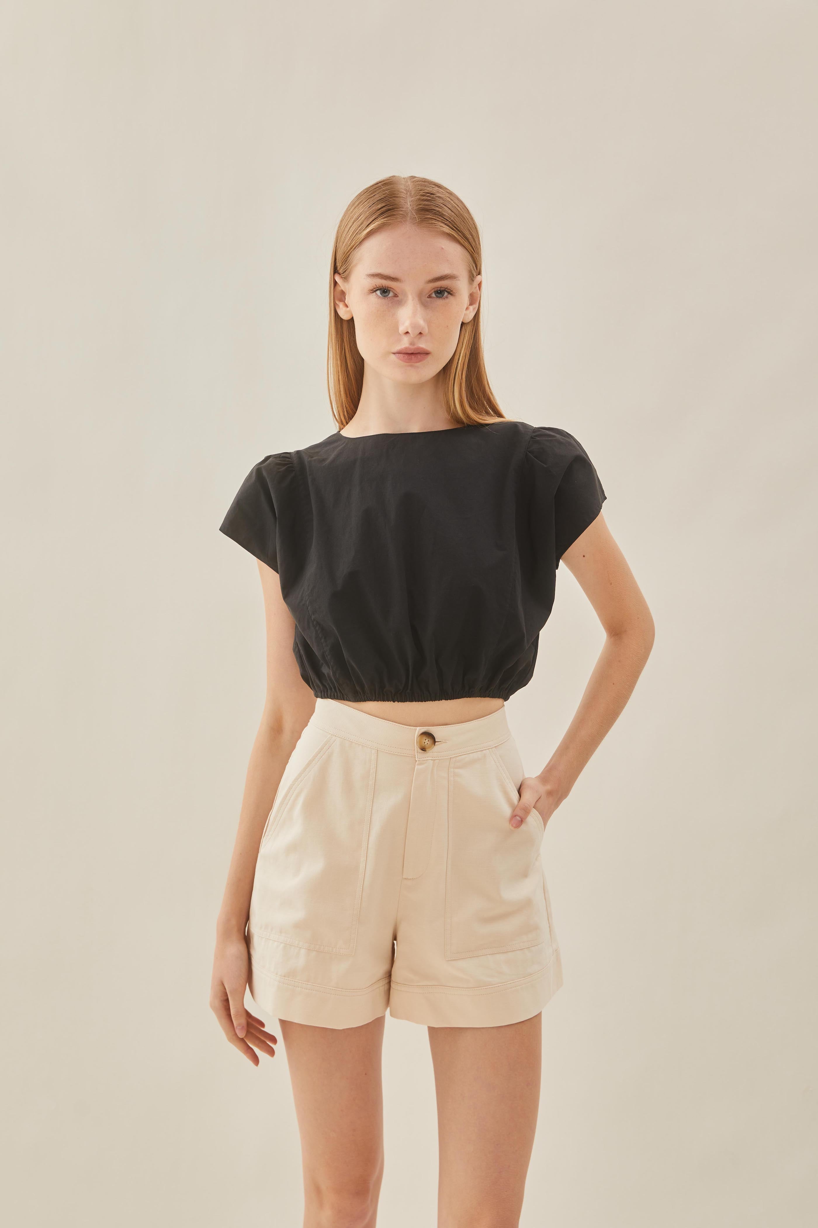 Cropped Button Back Top in Black