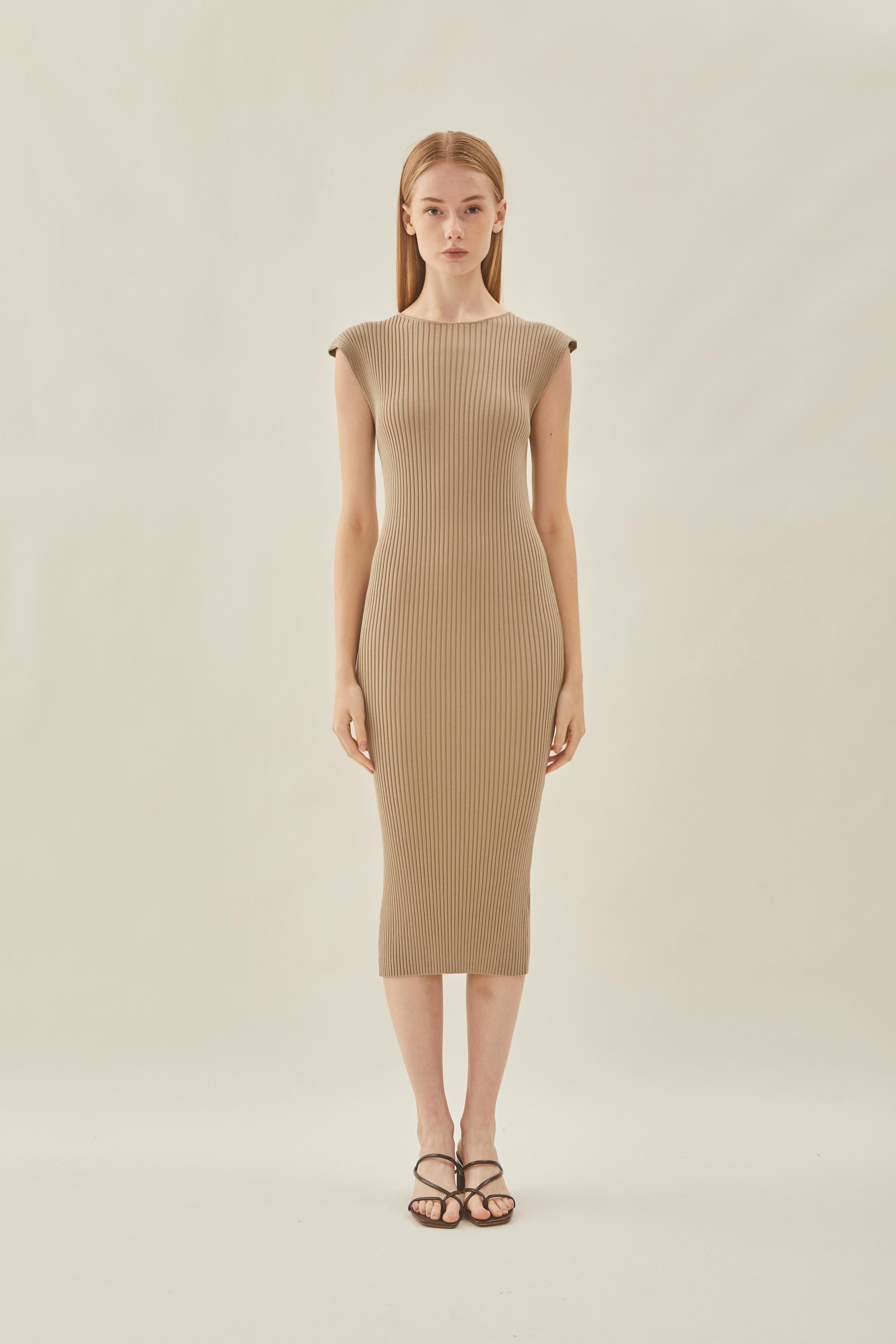 Boat Neck Knit Dress in Camel