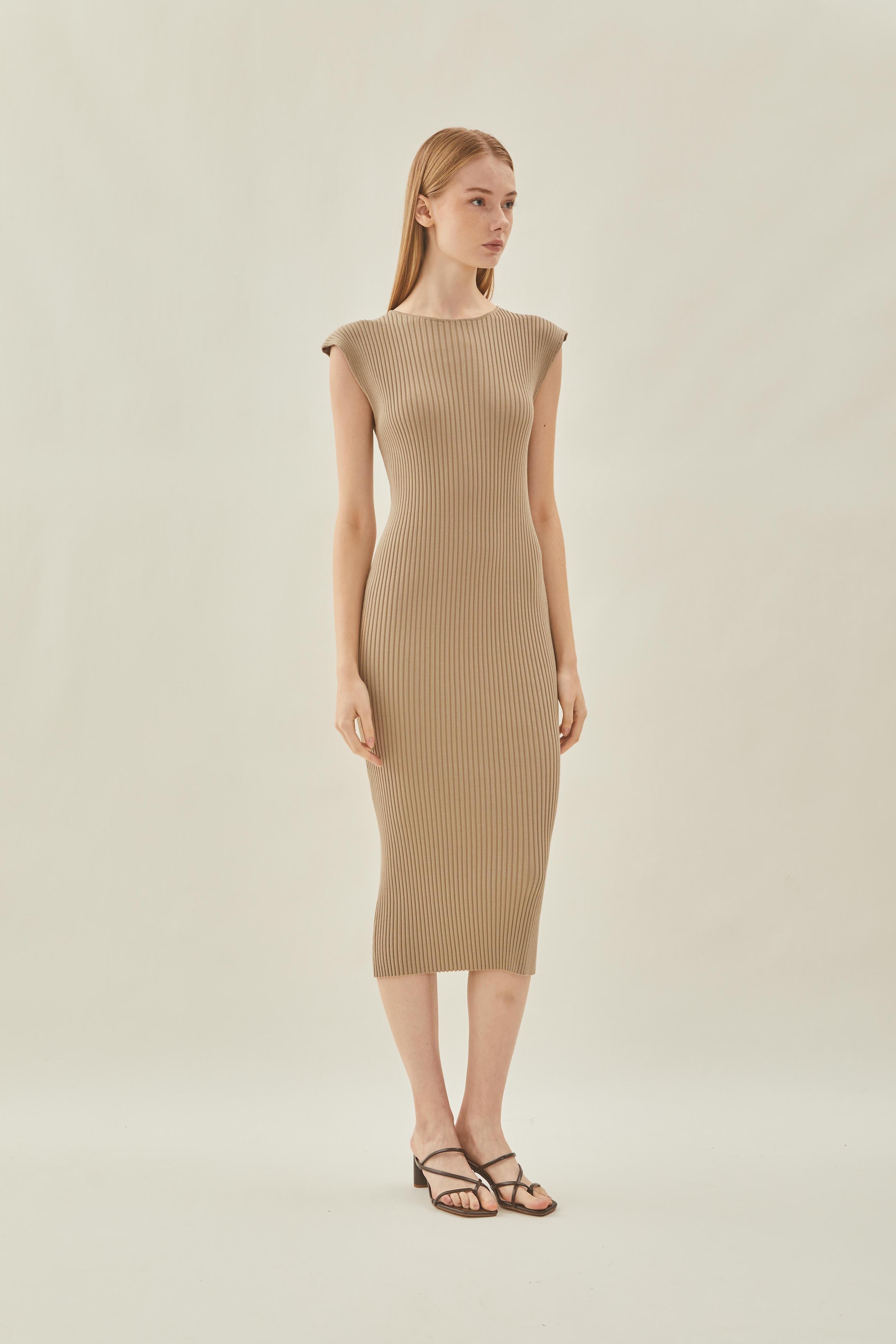 Boat Neck Knit Dress in Camel