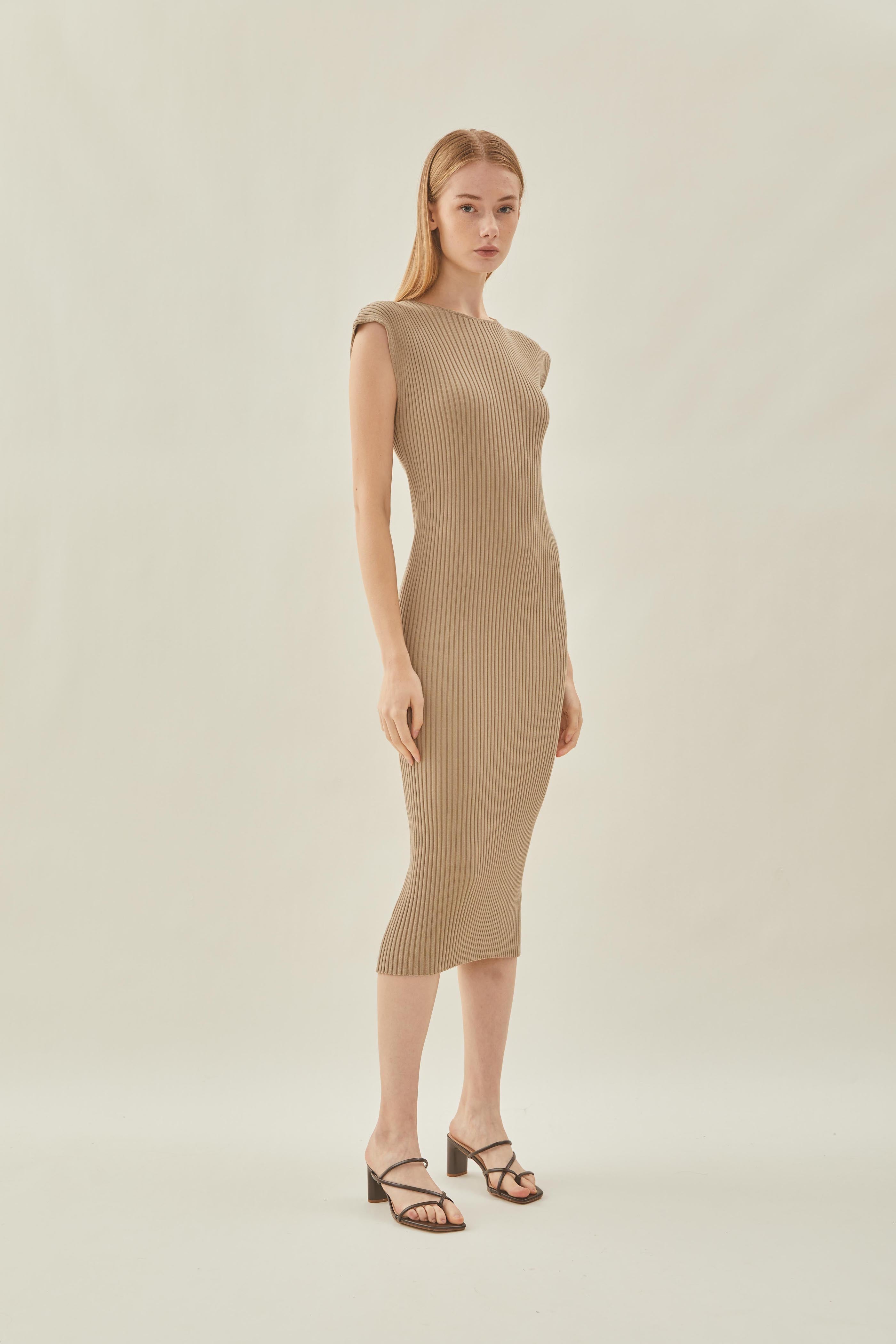 Boat Neck Knit Dress in Camel