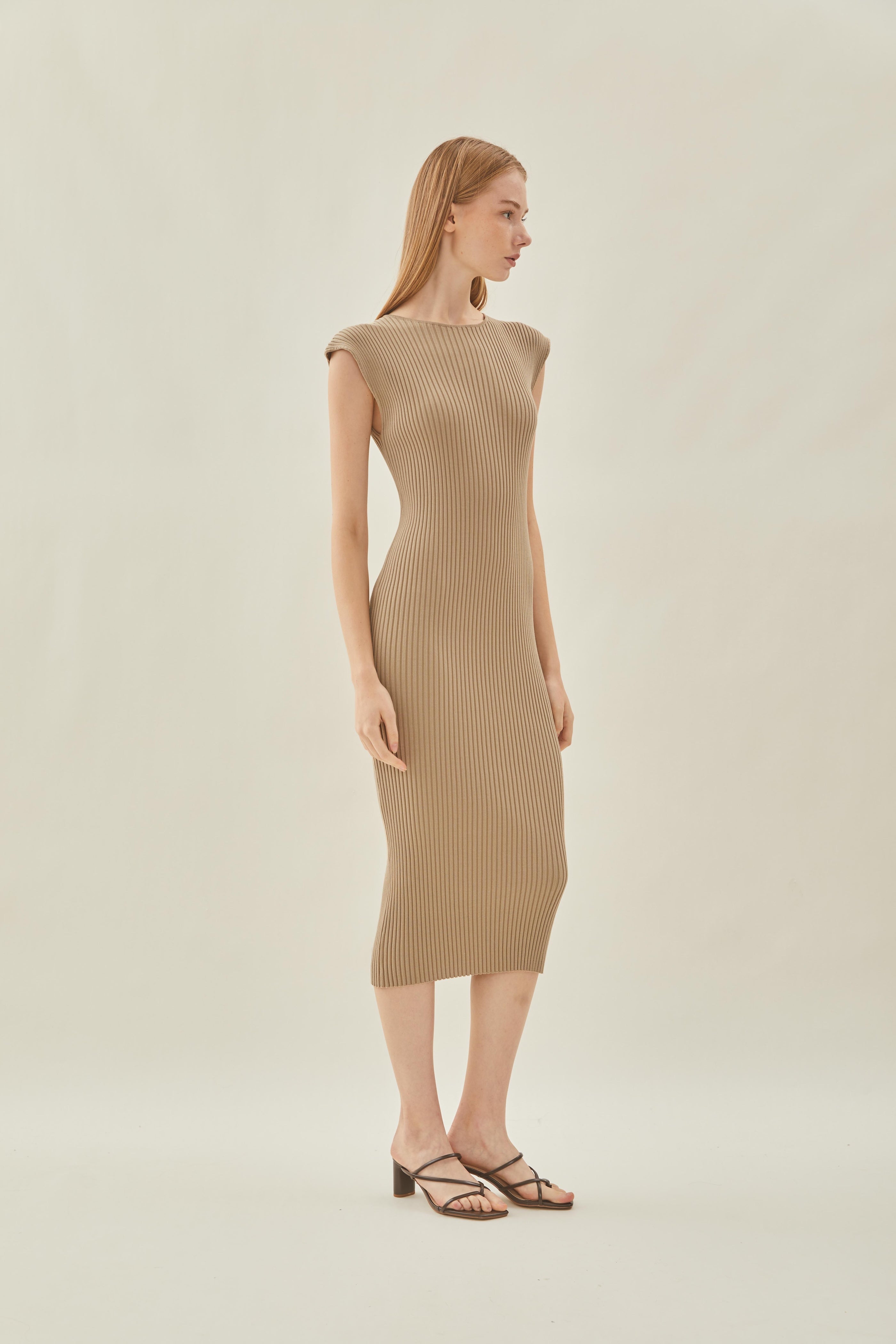Boat Neck Knit Dress in Camel