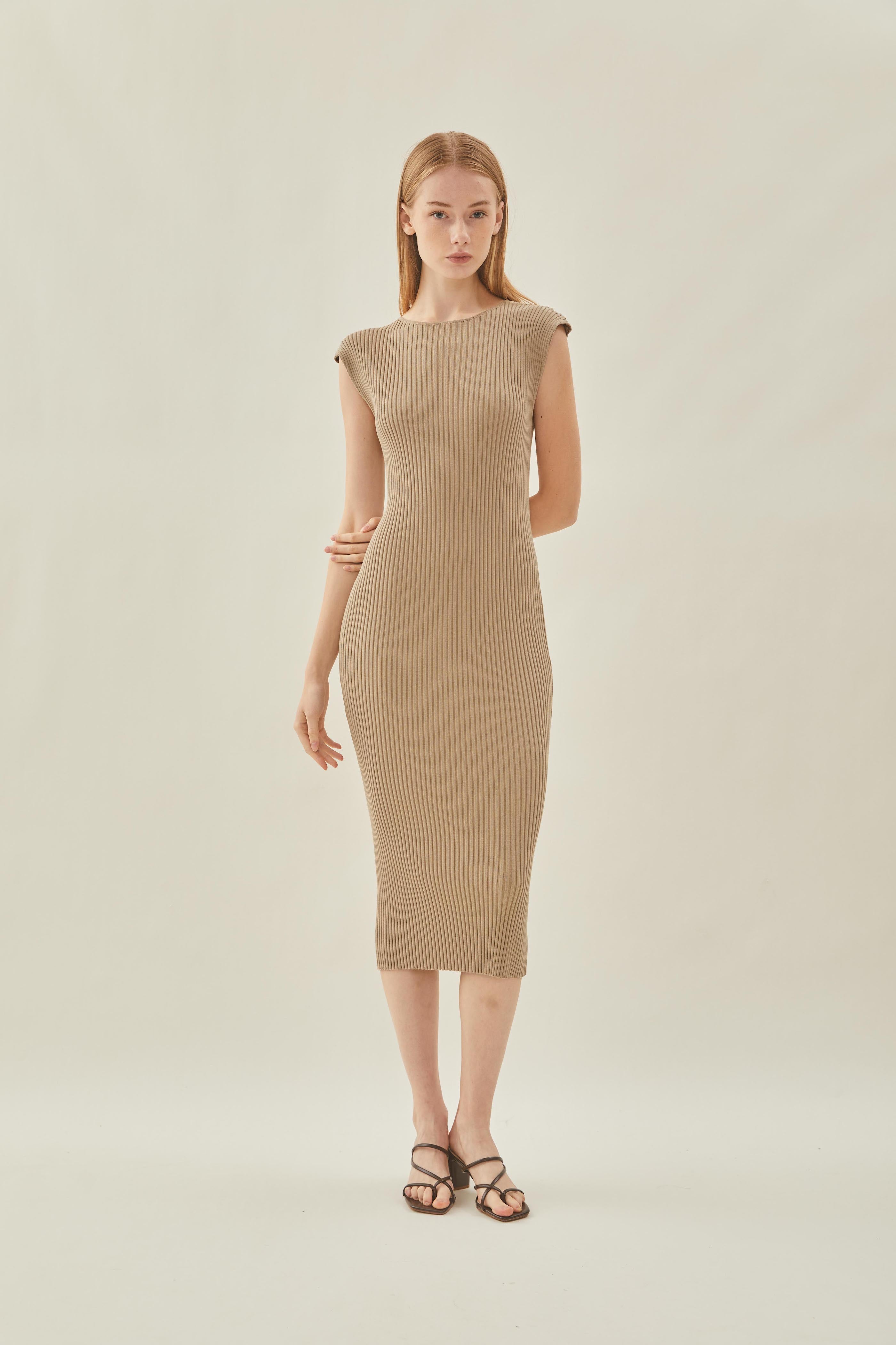 Boat Neck Knit Dress in Camel