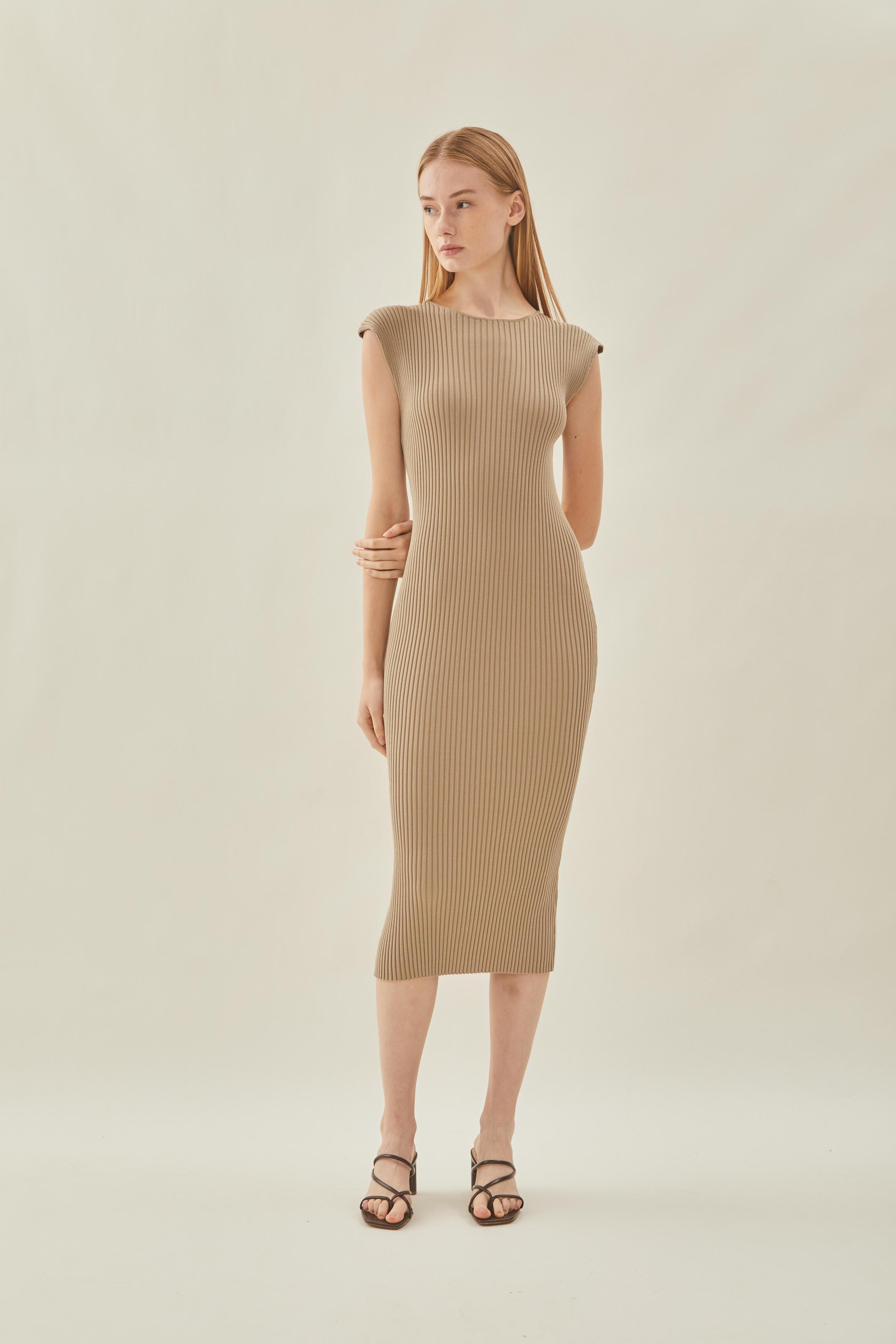 Boat Neck Knit Dress in Camel