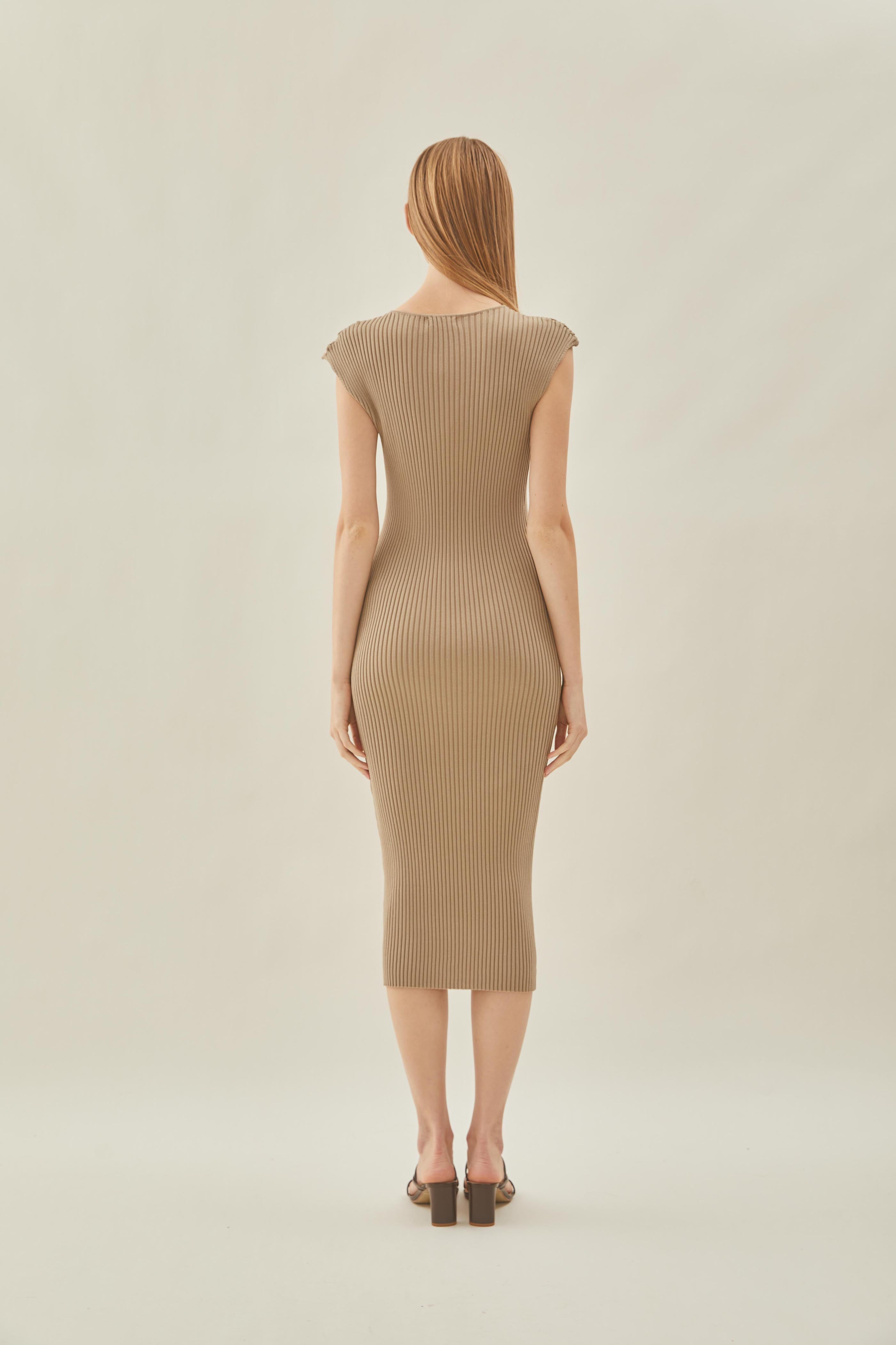 Boat Neck Knit Dress in Camel