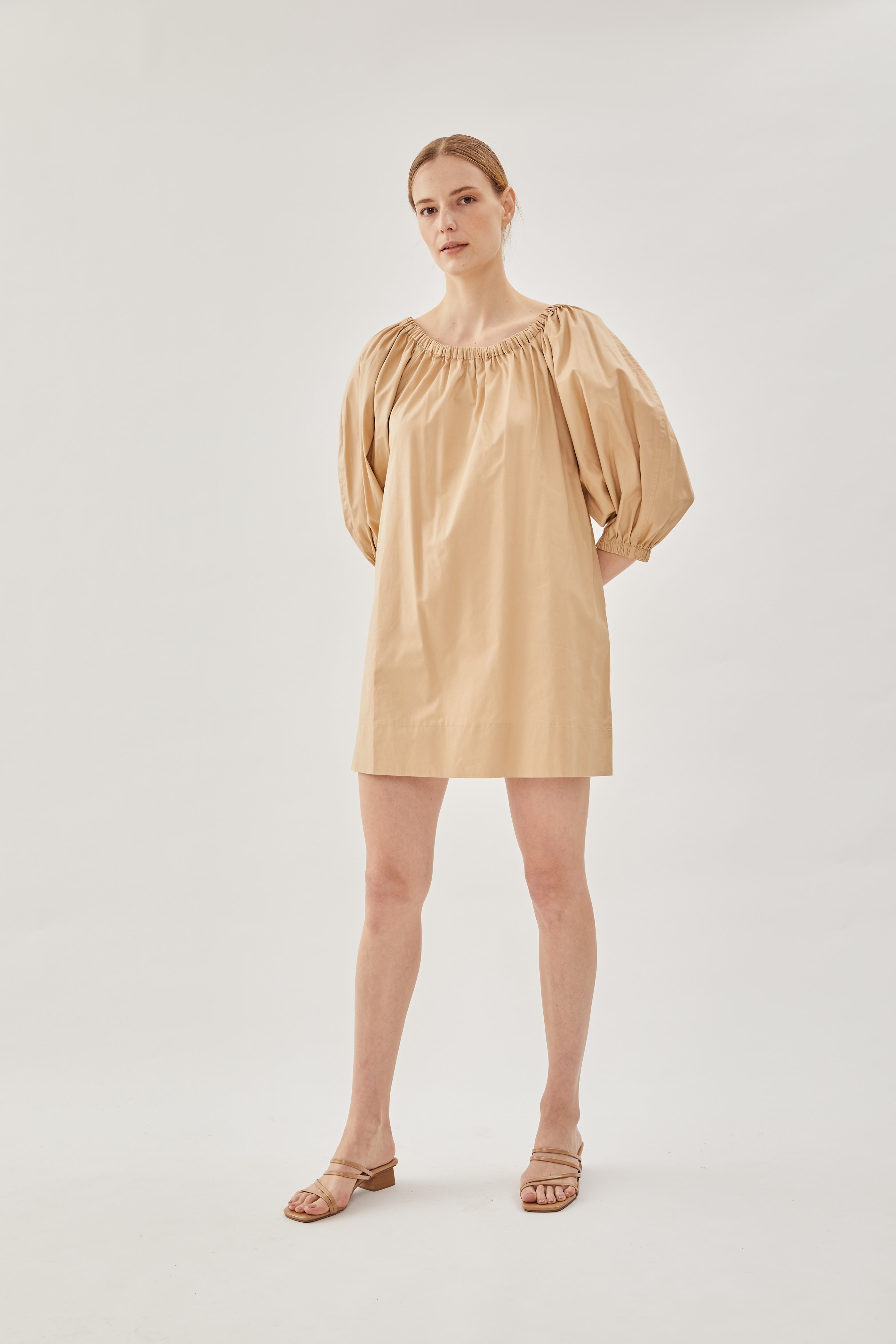 Cotton Gathered Dress in Sand