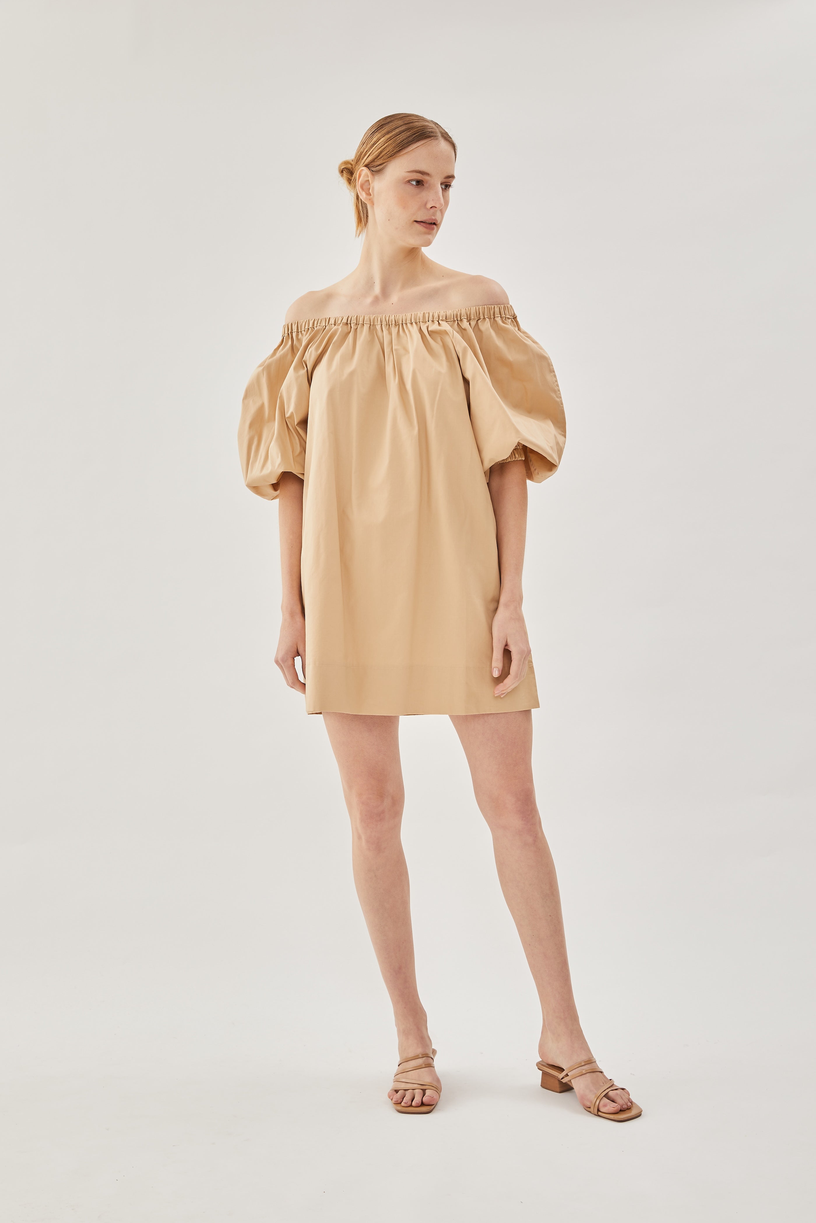 Cotton Gathered Dress in Sand