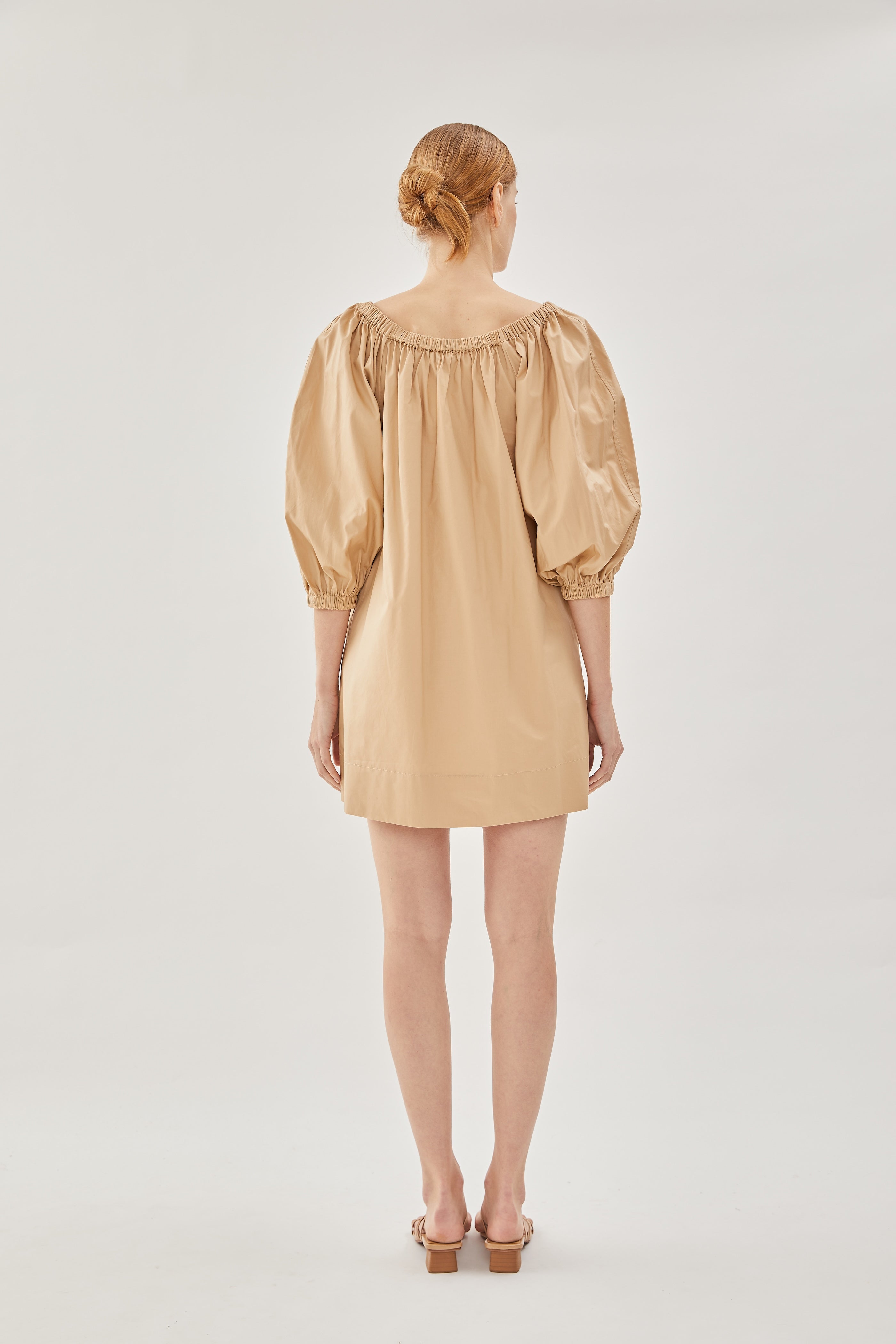 Cotton Gathered Dress in Sand