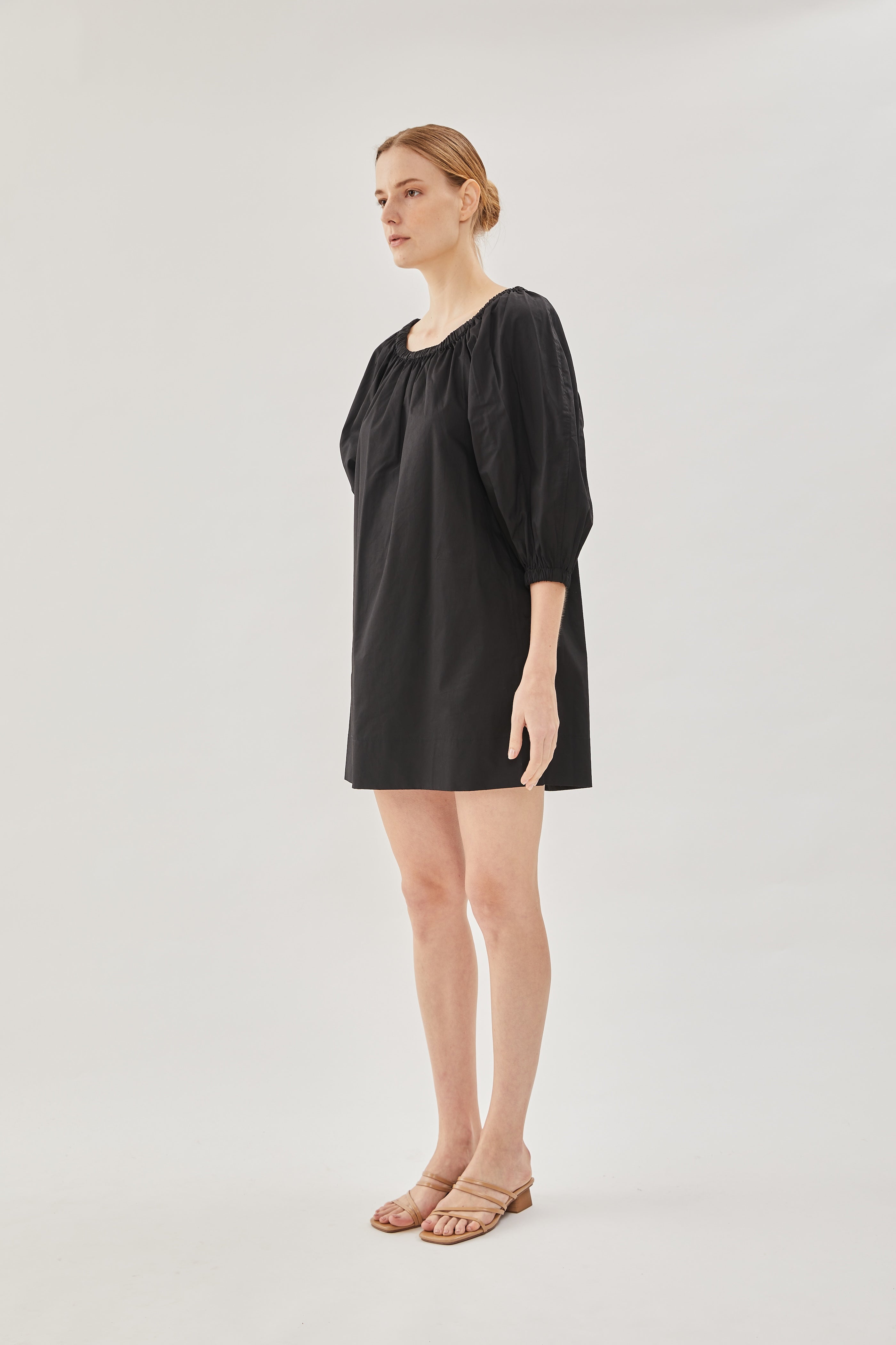 Cotton Gathered Dress in Black