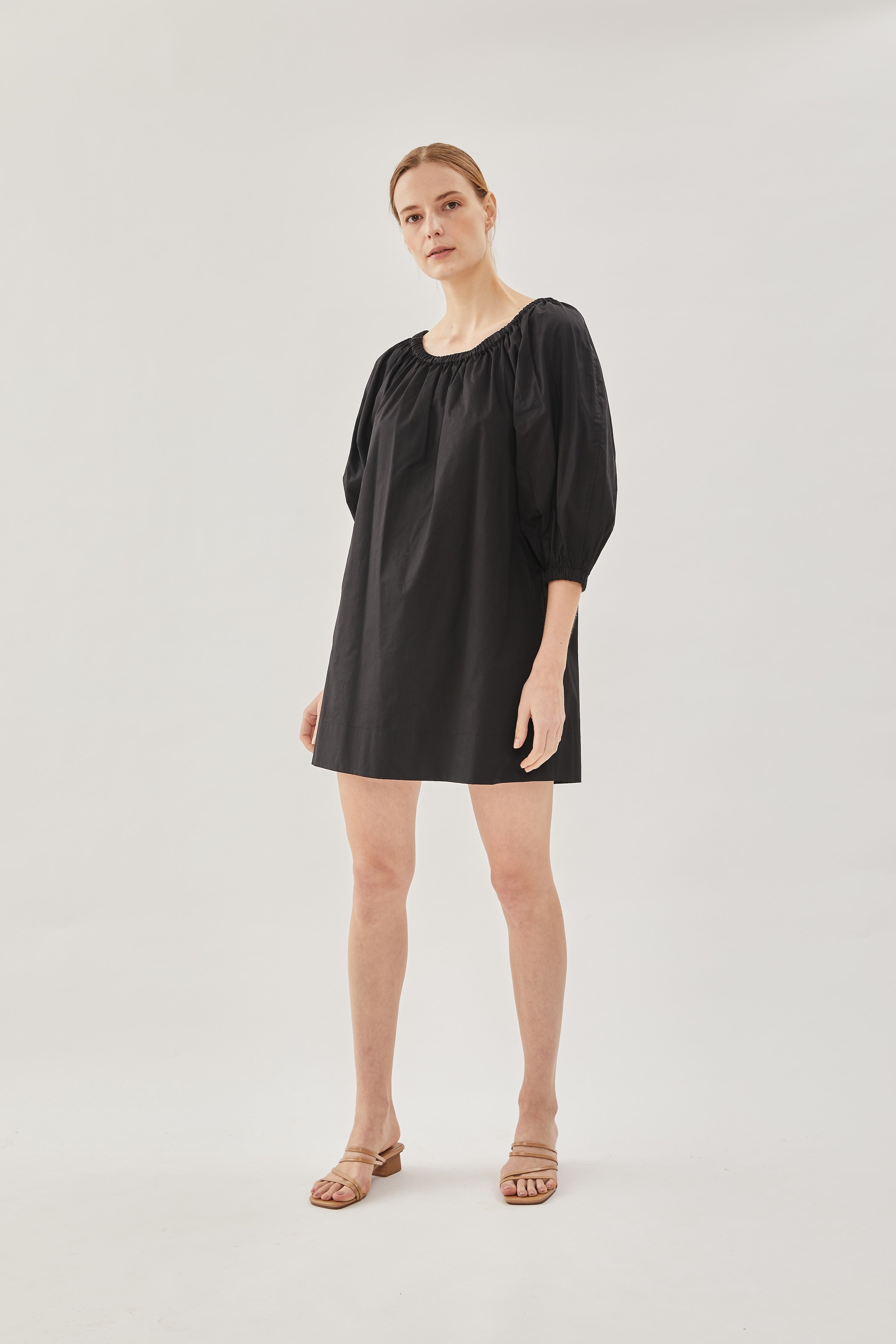 Cotton Gathered Dress in Black