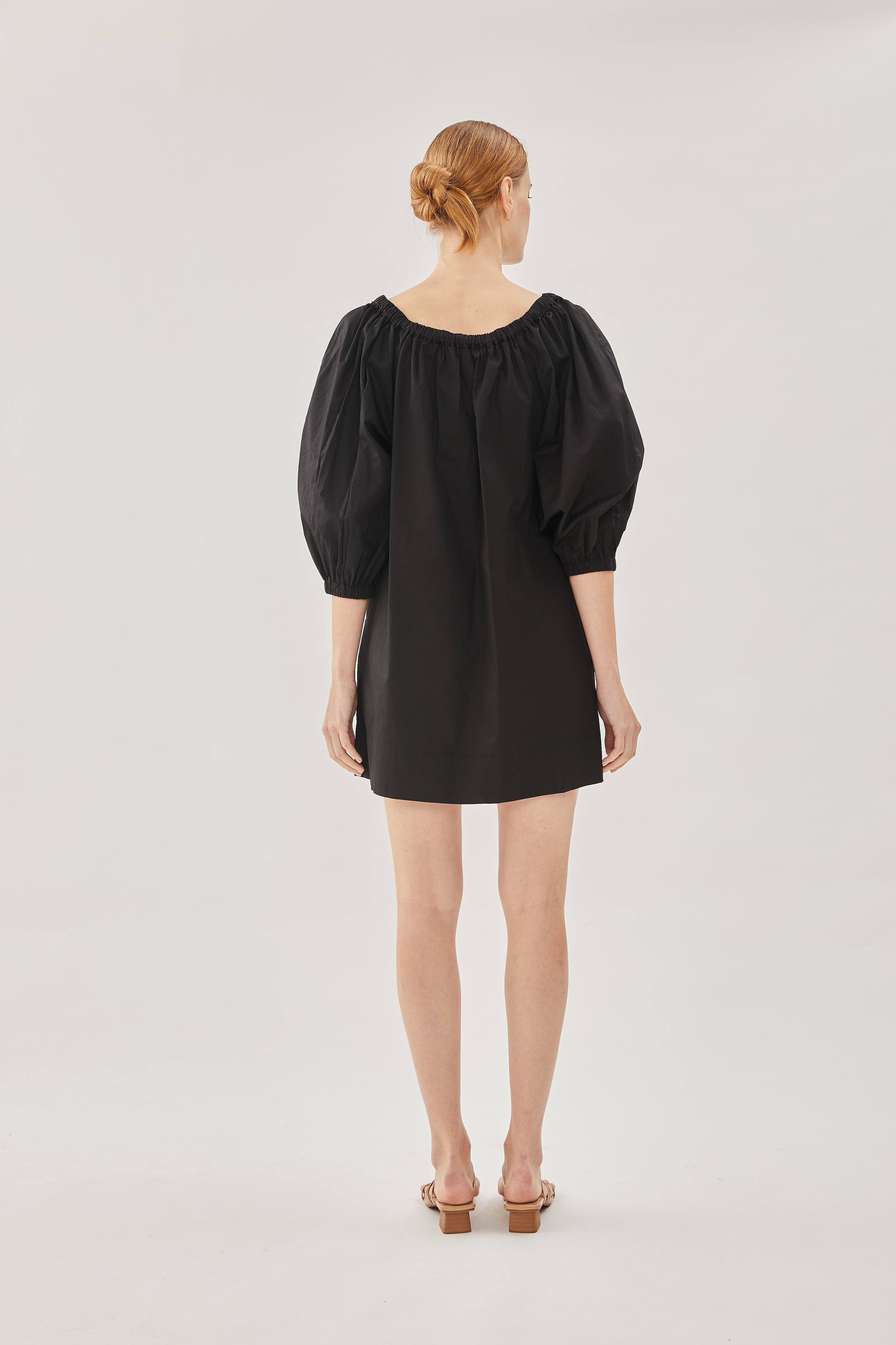 Cotton Gathered Dress in Black