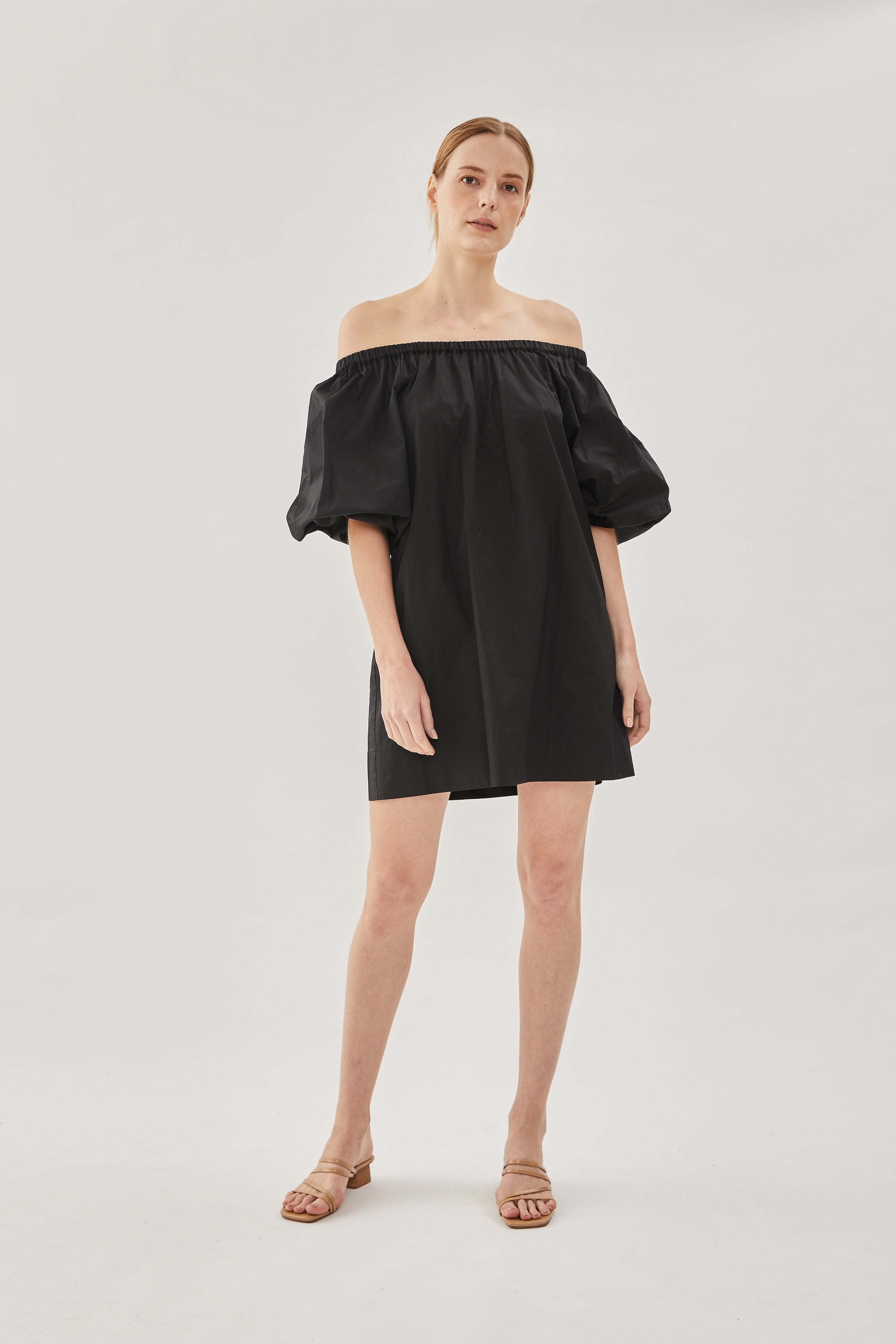 Cotton Gathered Dress in Black