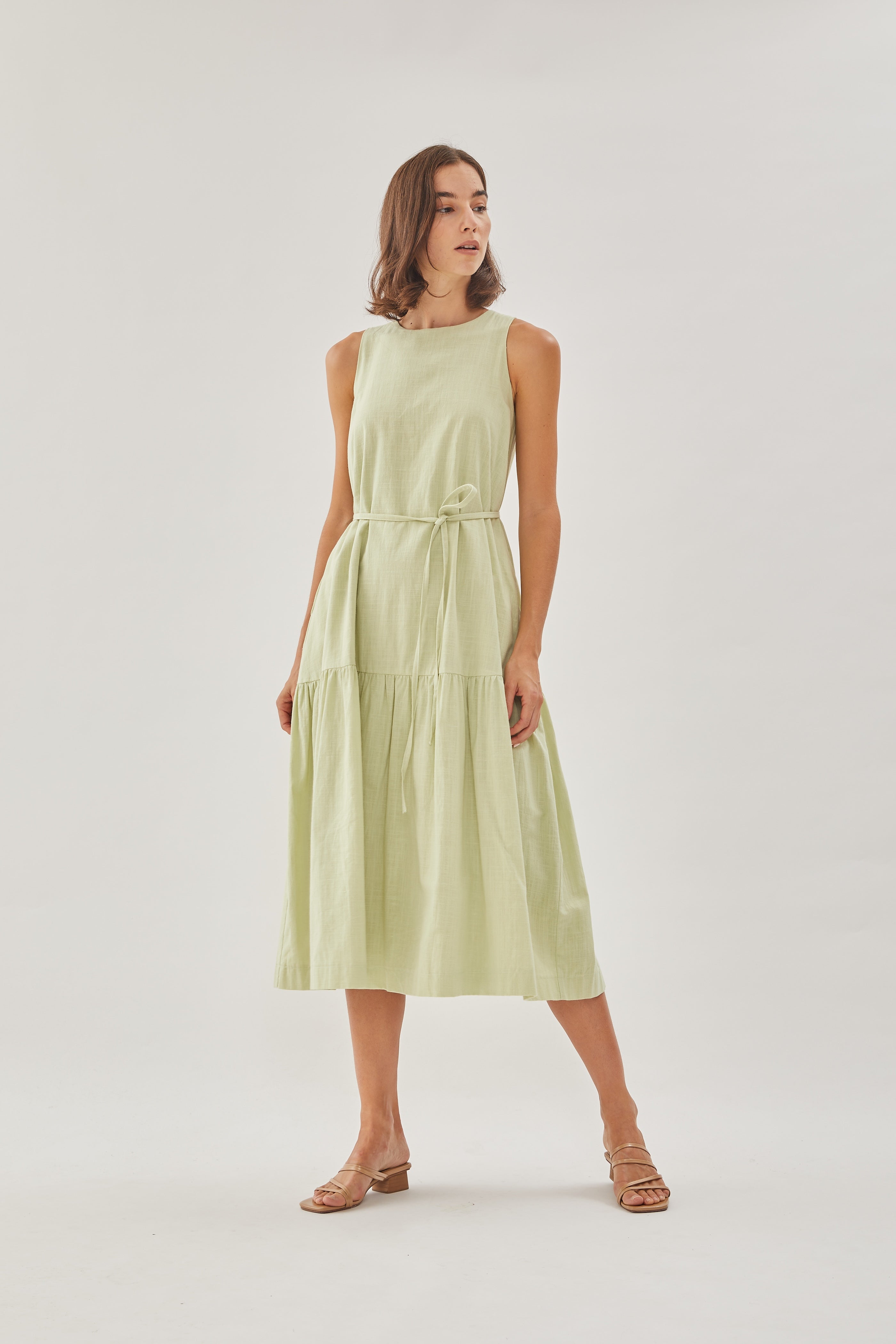 Linen Tiered Dress in Soft Green