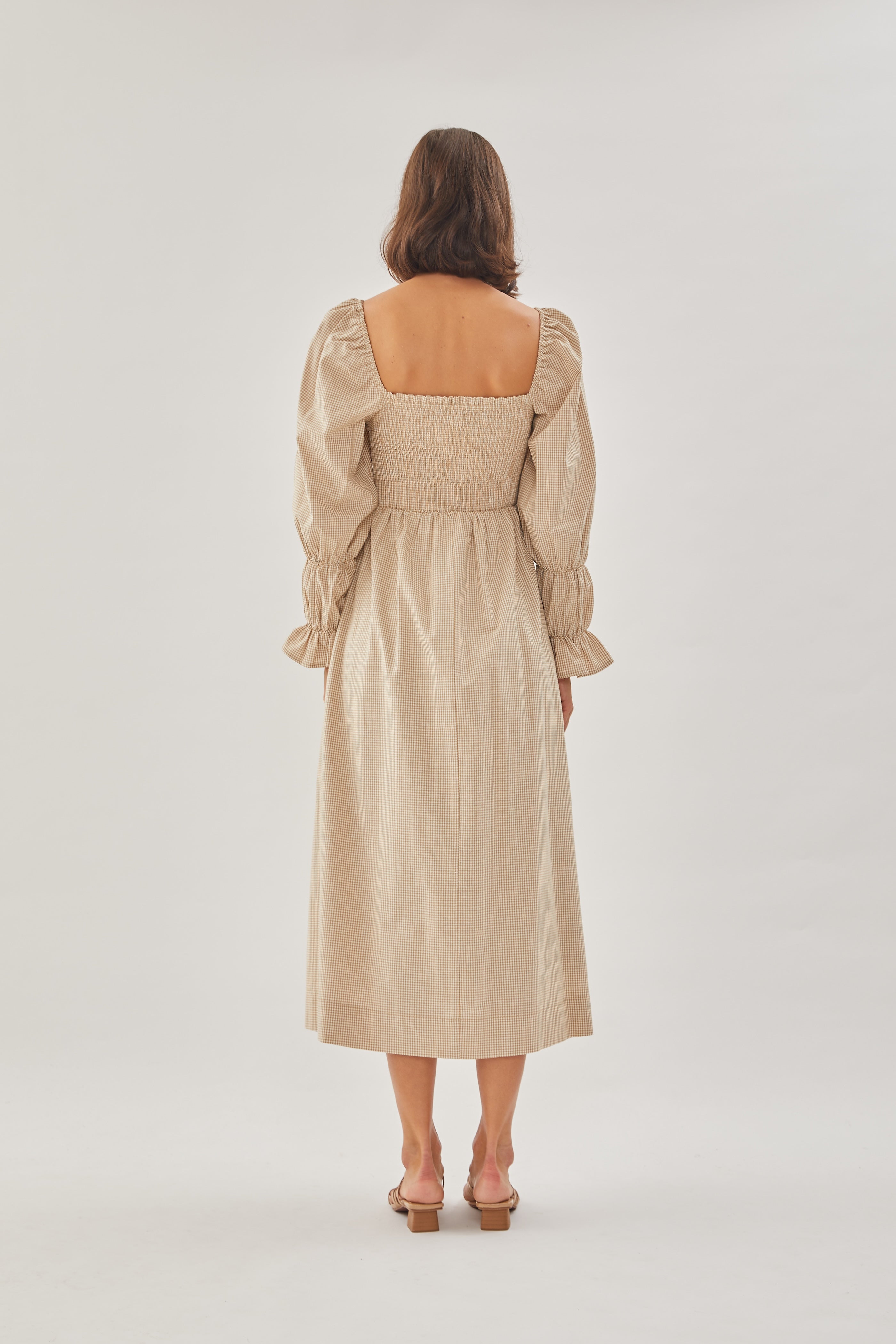 Cotton Shirred Dress in Checkered Sand