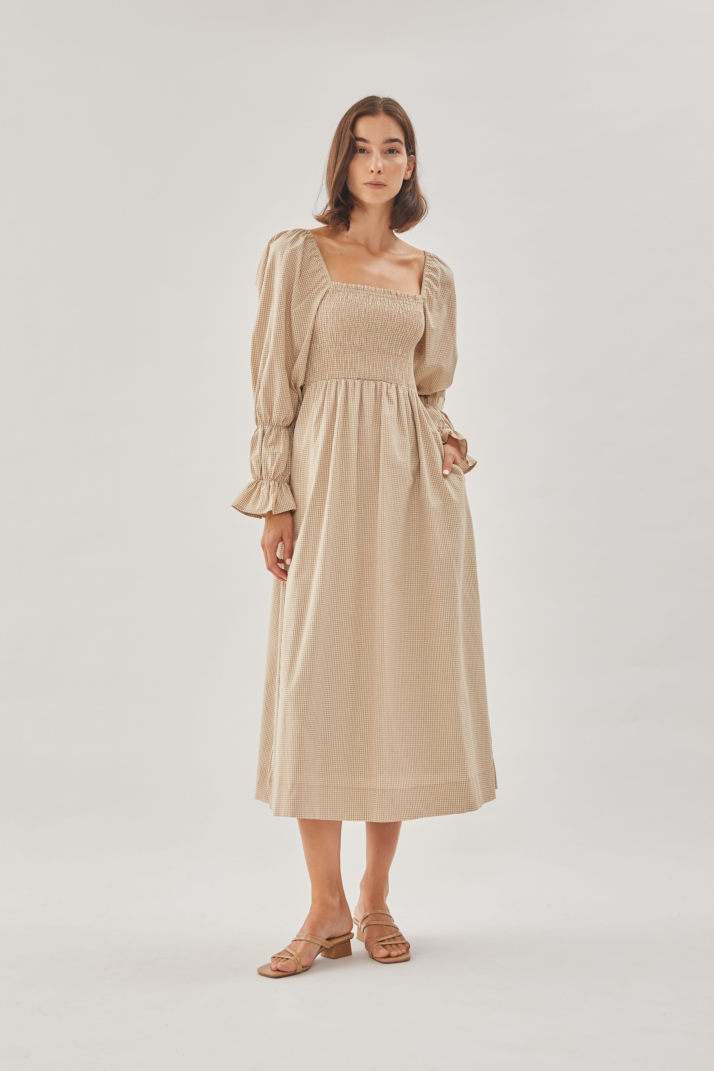 Cotton Shirred Dress in Checkered Sand