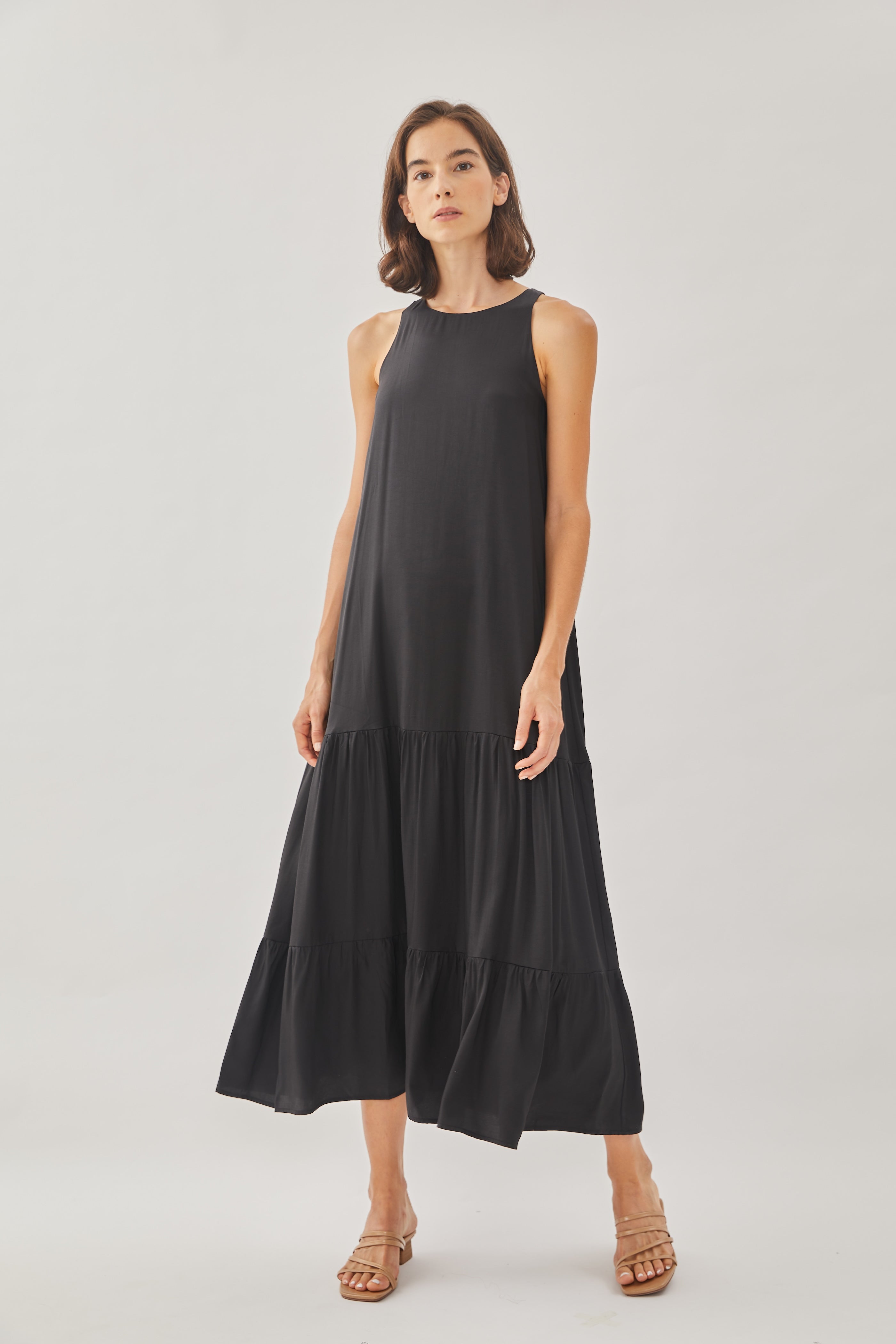 Cotton Blend Tiered Maxi Dress in Black