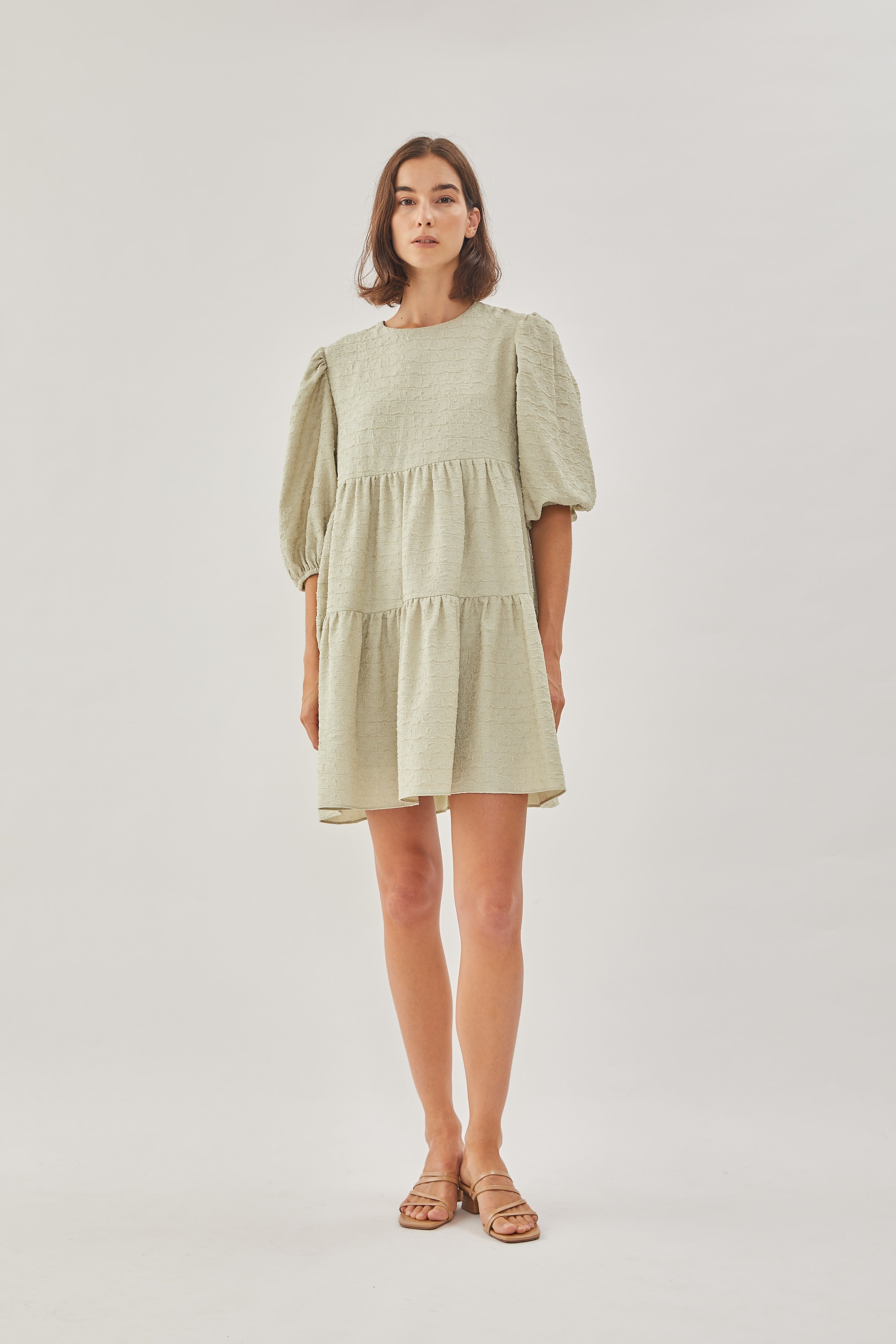 Textured Puffed Sleeved Mini Dress in Sea Mist