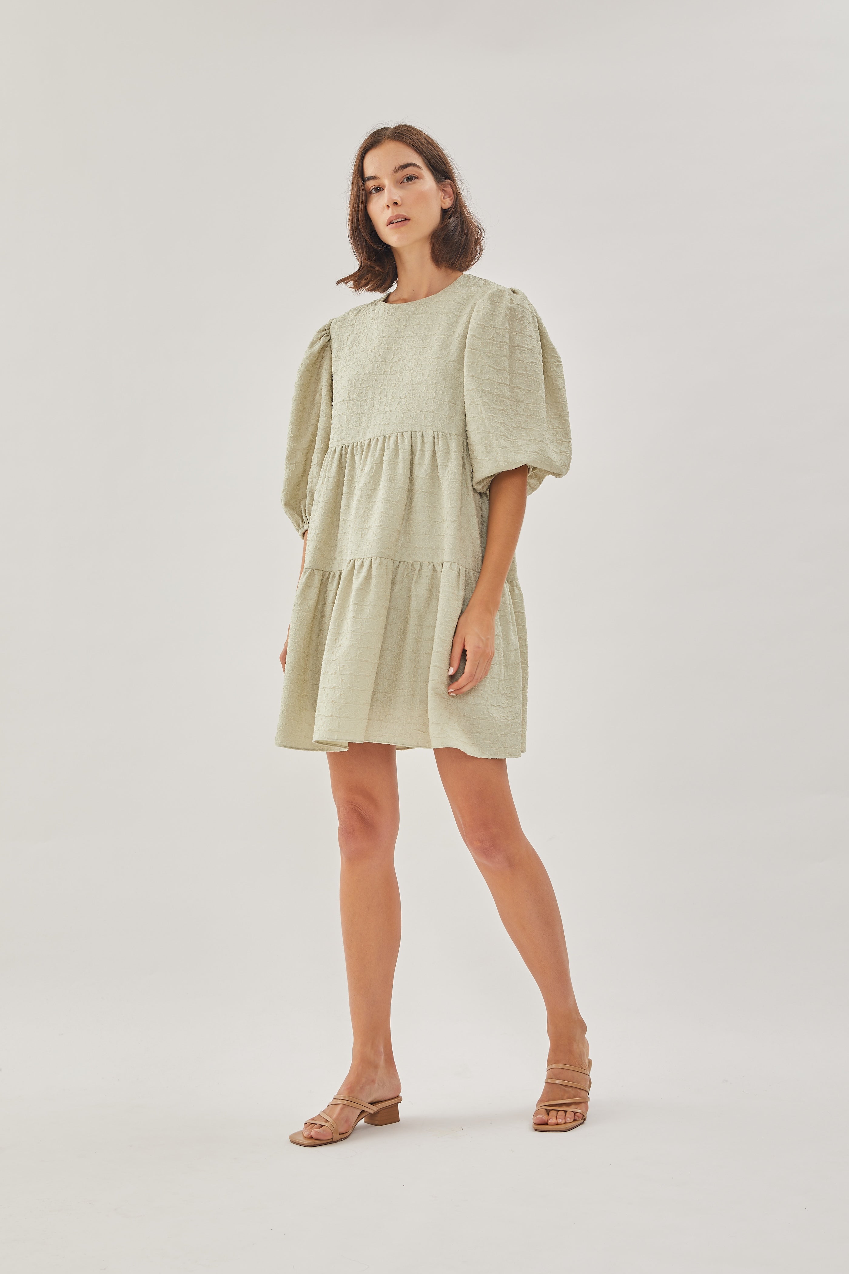 Textured Puffed Sleeved Mini Dress in Sea Mist