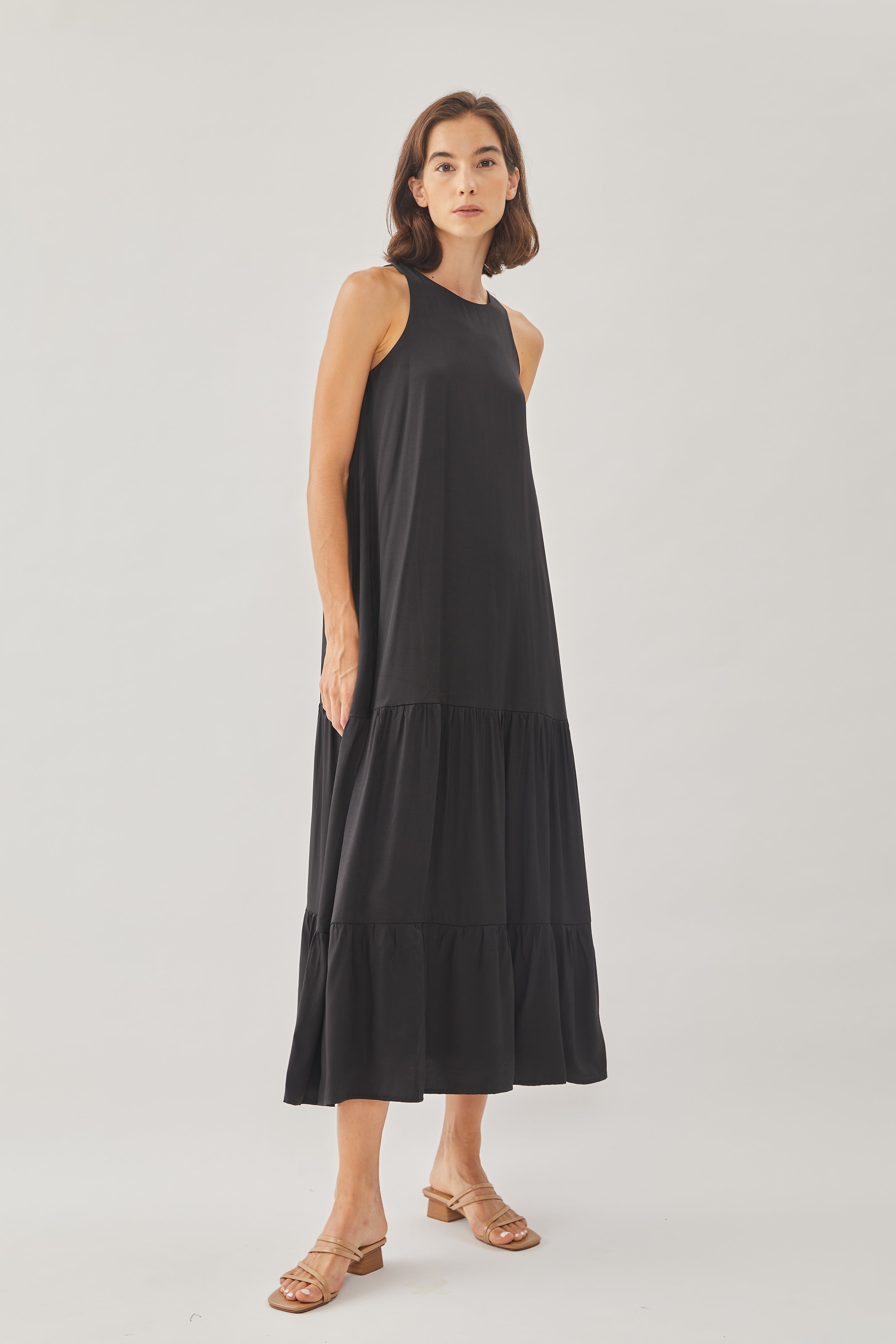 Cotton Blend Tiered Maxi Dress in Black