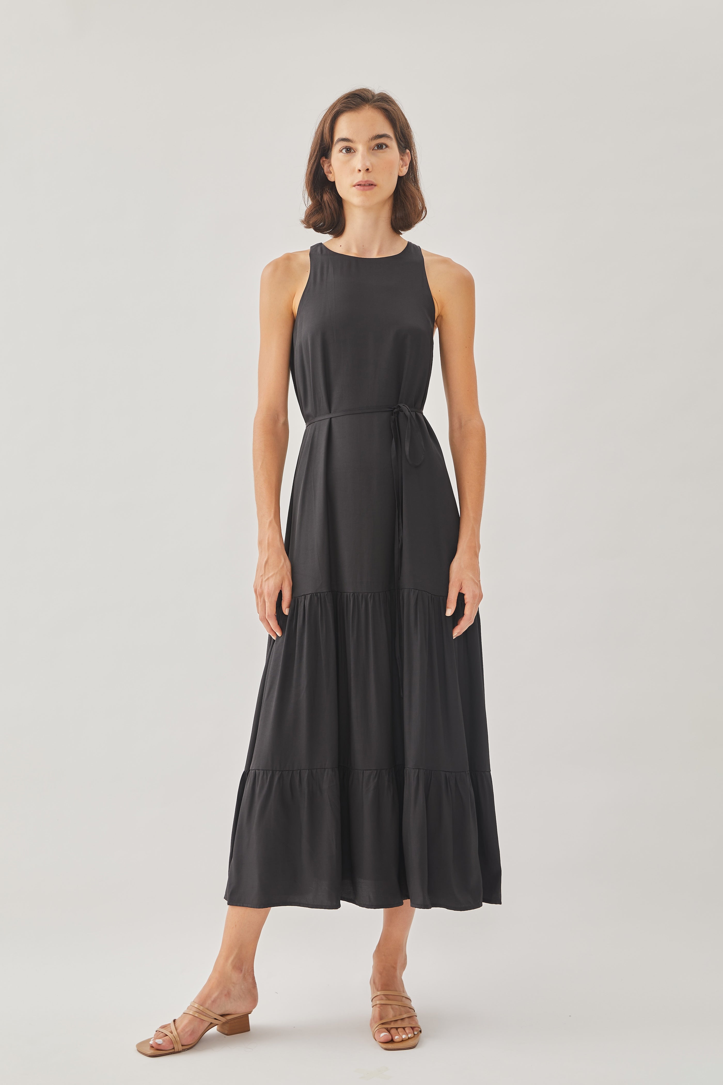 Cotton Blend Tiered Maxi Dress in Black