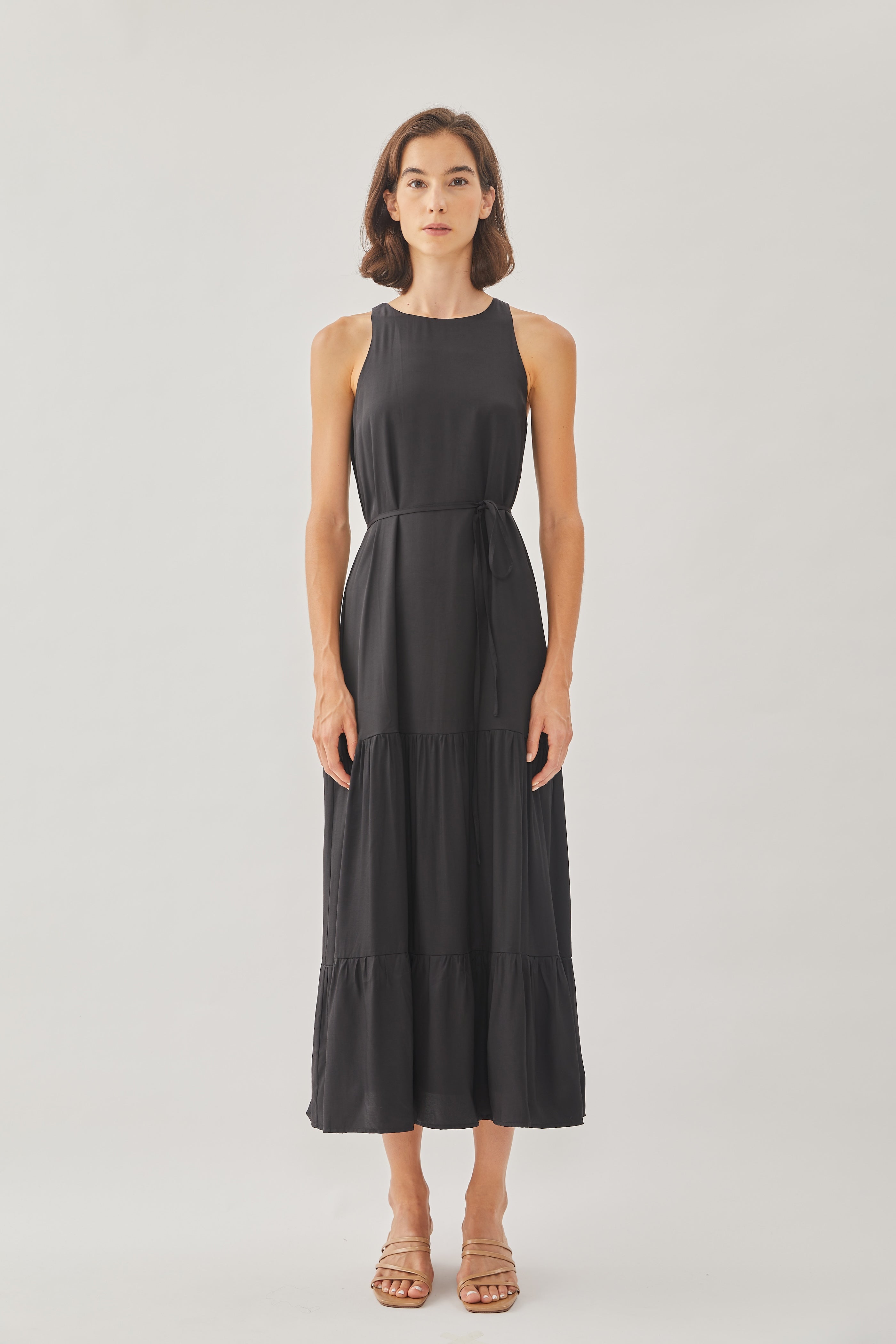 Cotton Blend Tiered Maxi Dress in Black