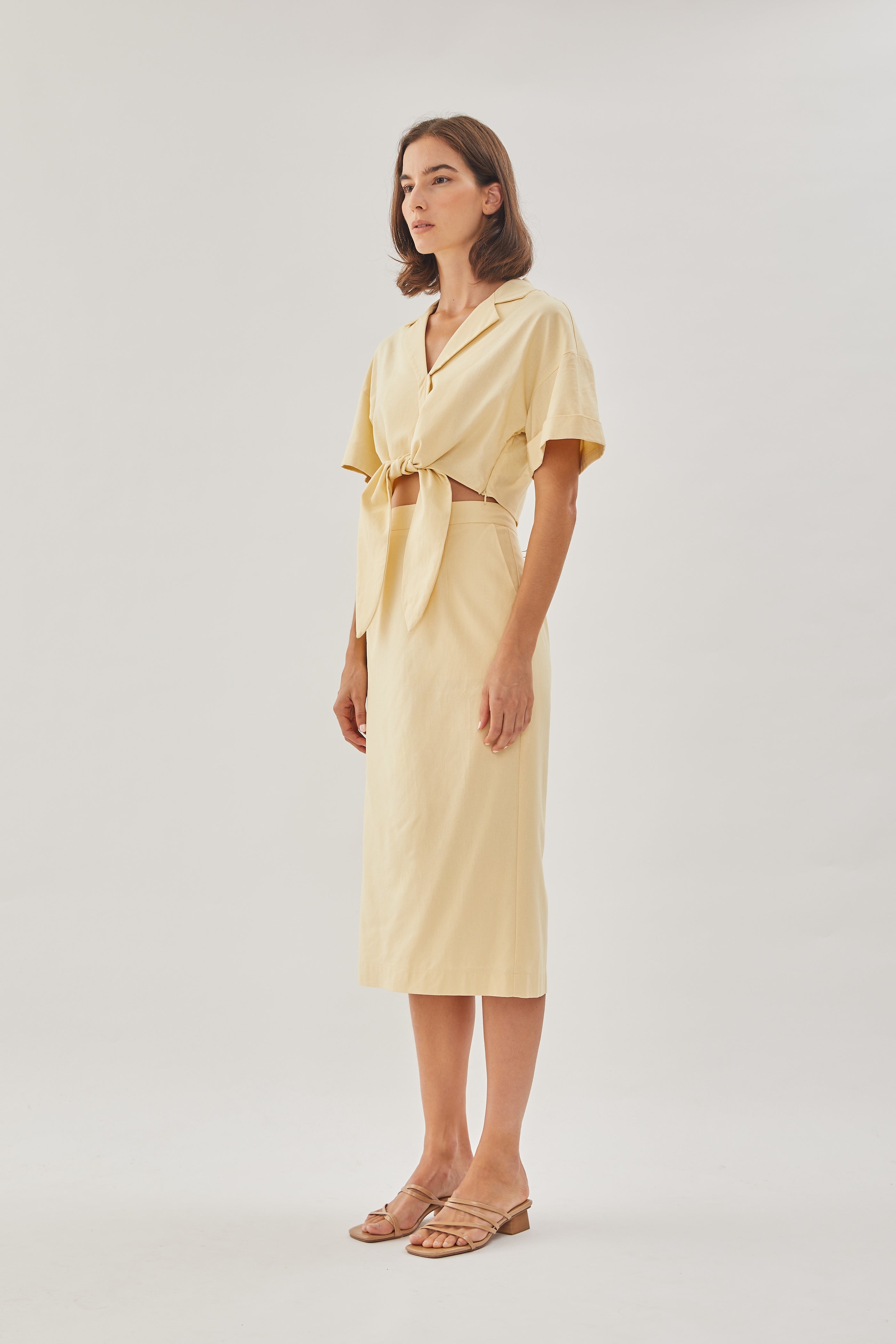 Linen Straight Skirt in Soft Yellow