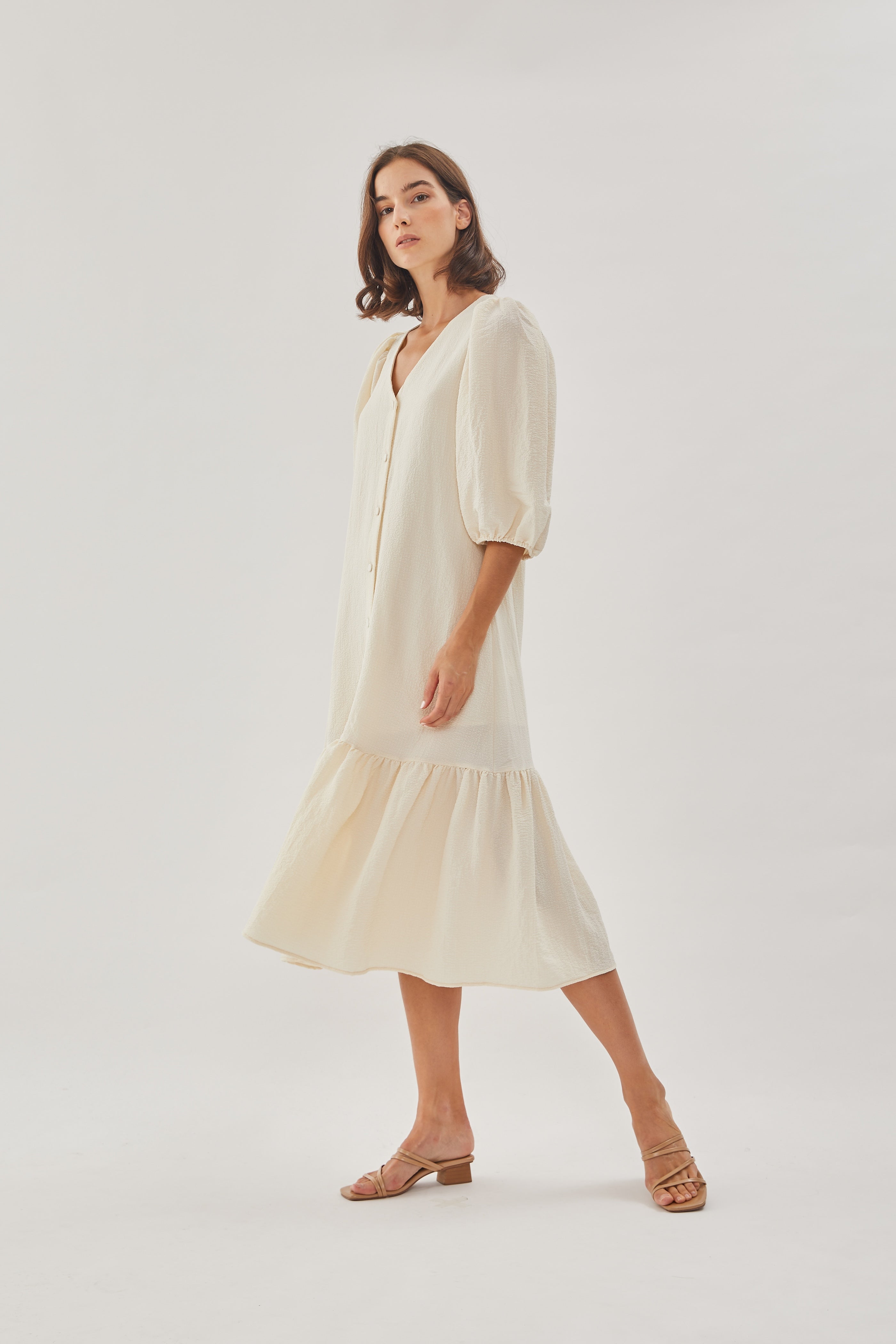 V-neck Midi Dress with Puffed Sleeves in Oatmeal