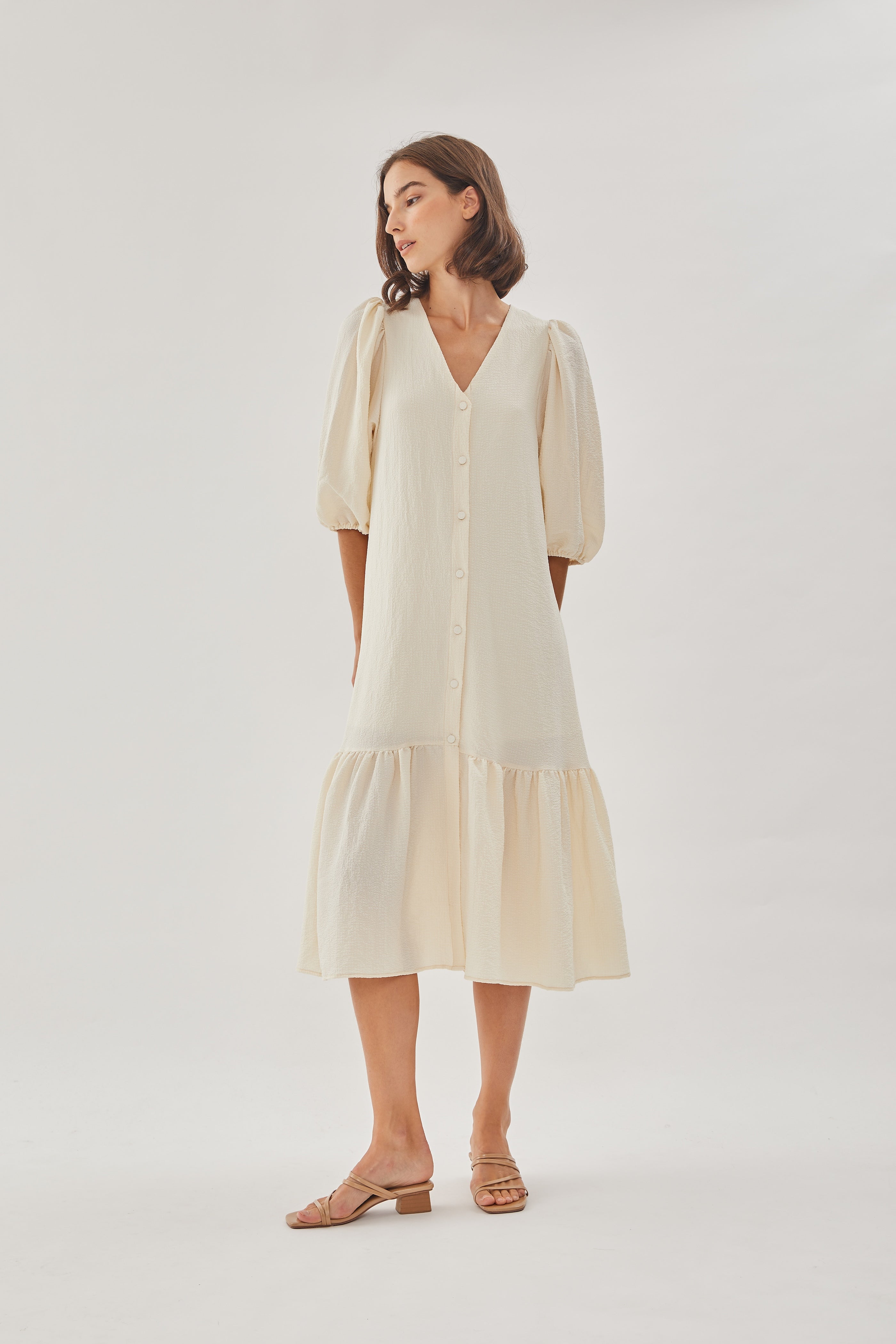 V-neck Midi Dress with Puffed Sleeves in Oatmeal
