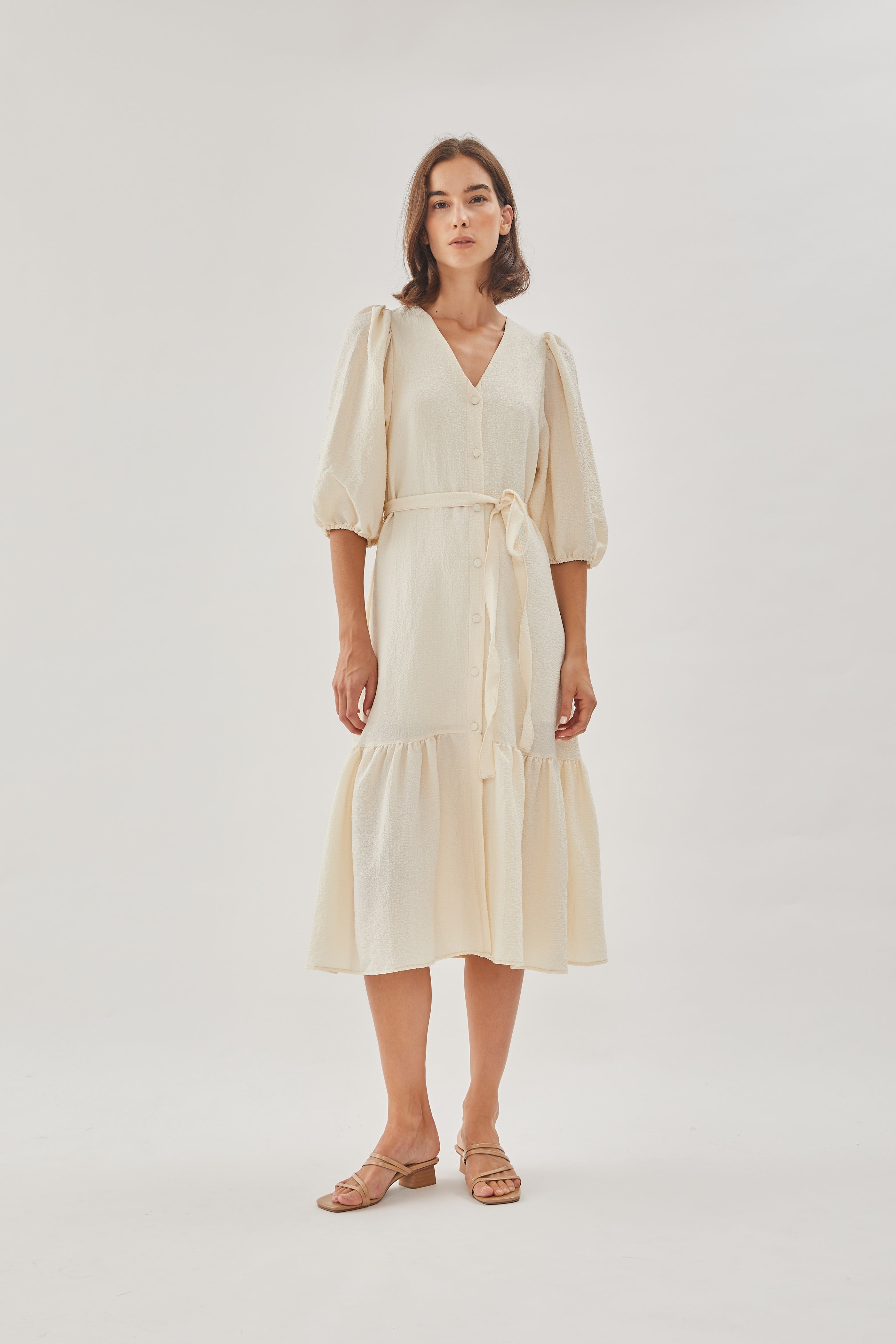 V-neck Midi Dress with Puffed Sleeves in Oatmeal