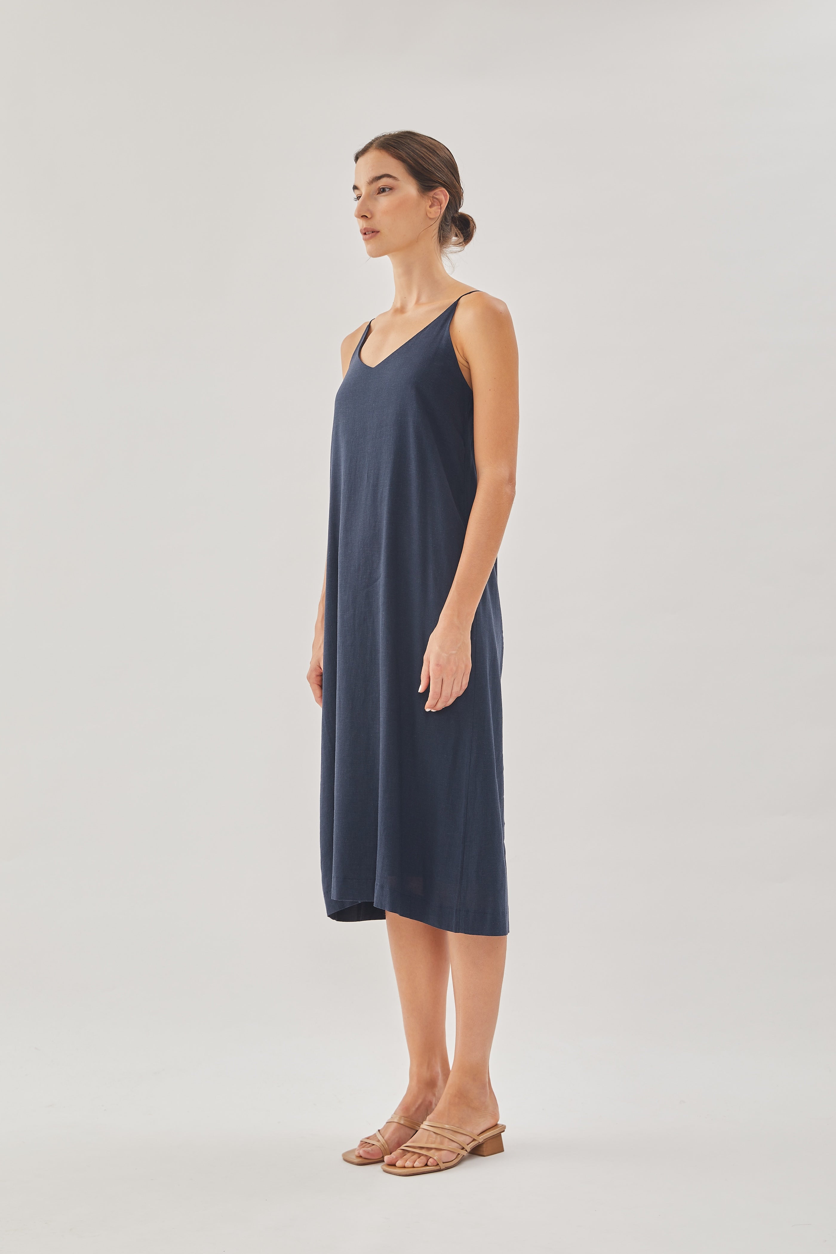 STUDIOS Linen Slip Dress in Dark Navy