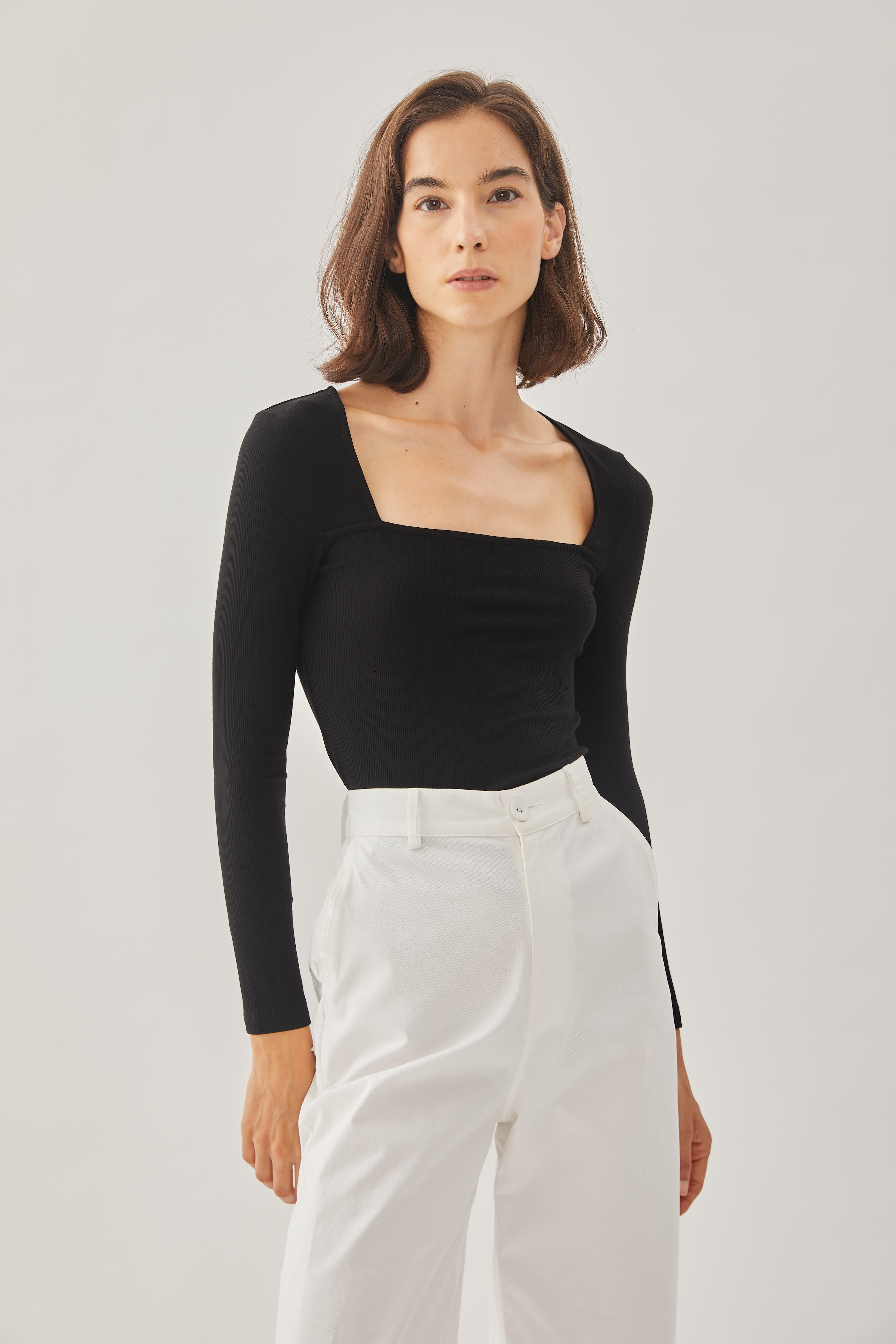 Square Neck Knit Top in Black