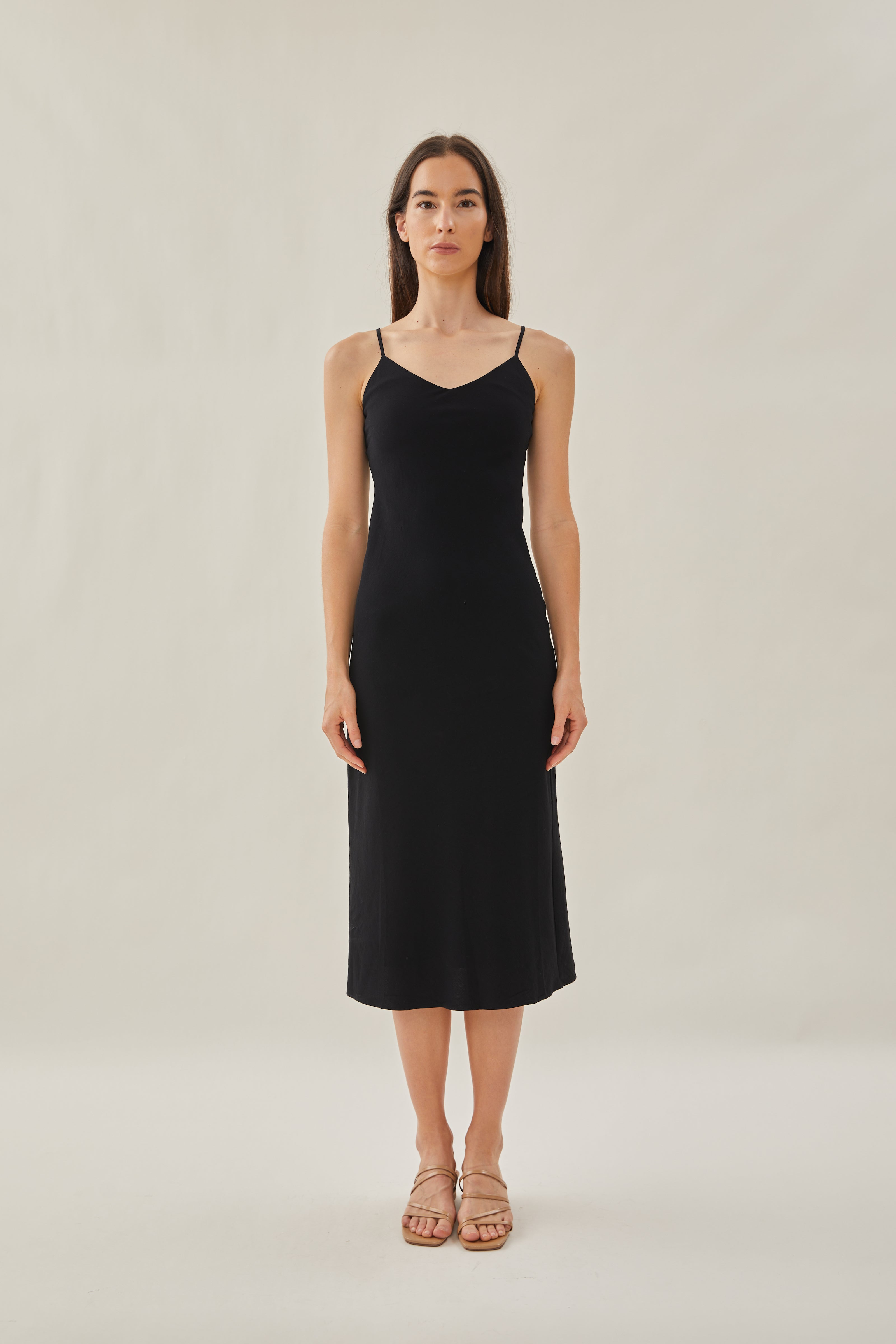 Cotton V Neck Slip Dress in Black