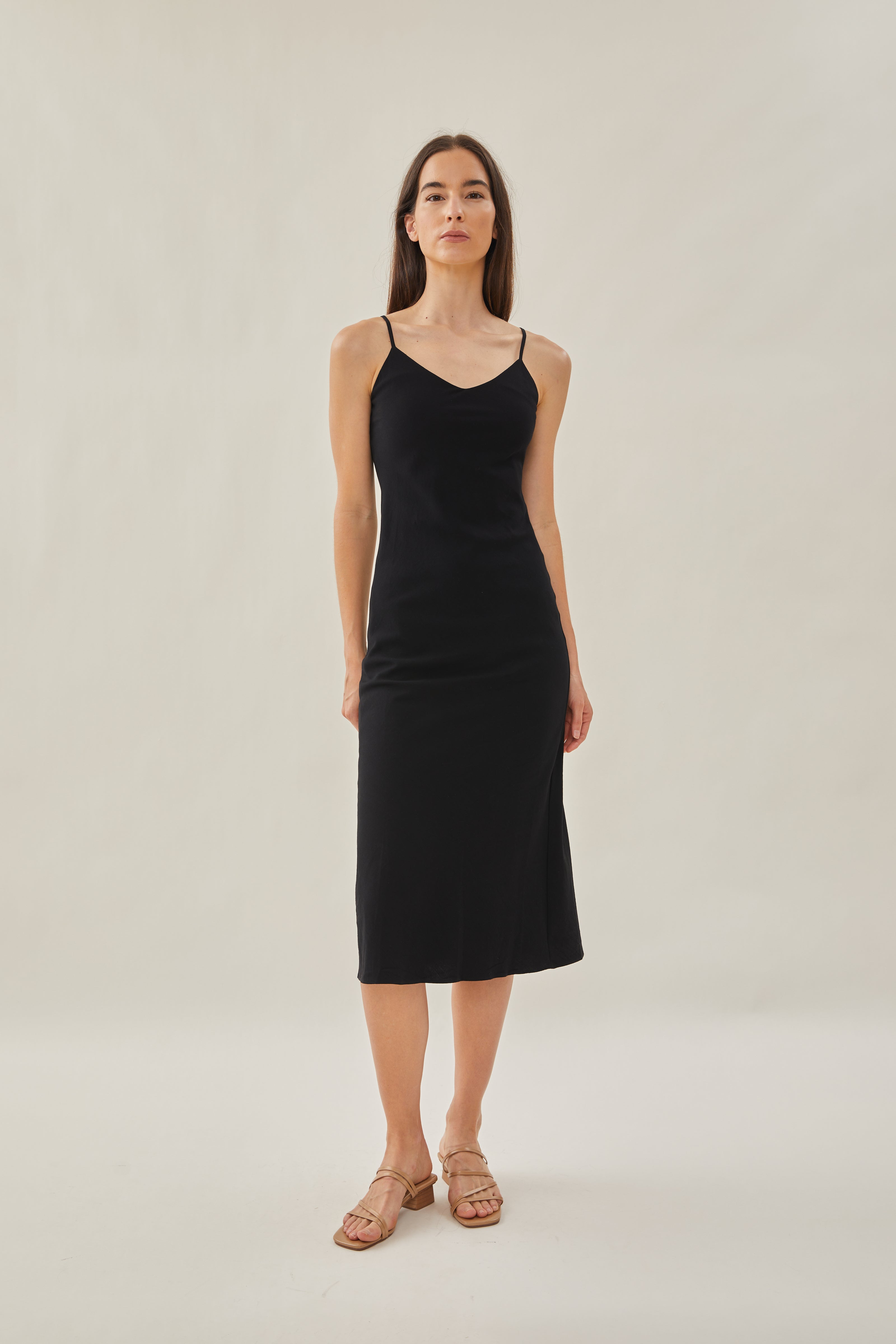 Cotton V Neck Slip Dress in Black