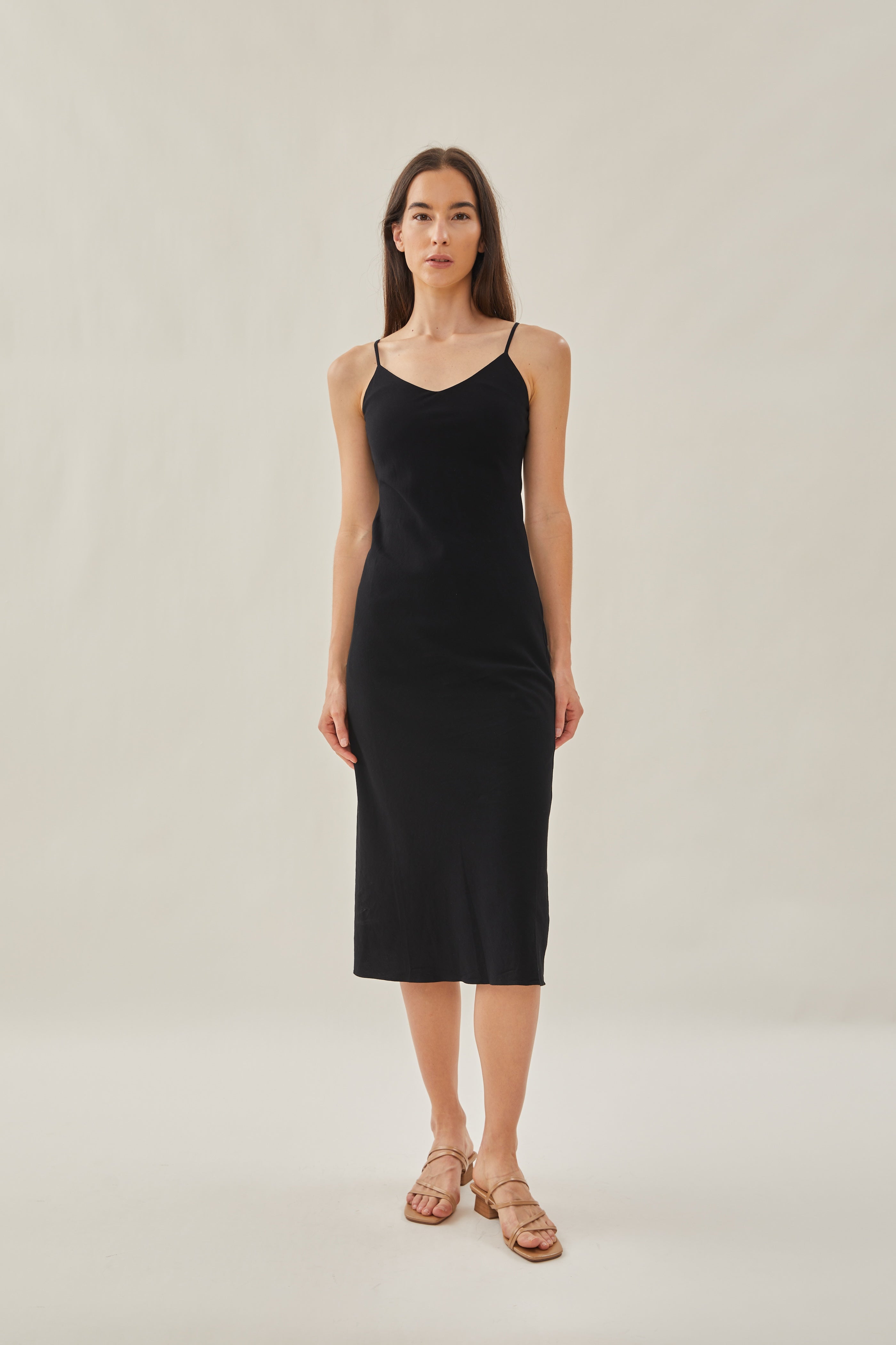 Cotton V Neck Slip Dress in Black